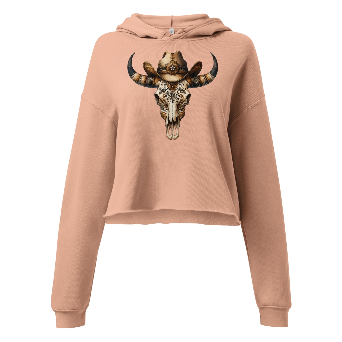 Close-up of floral engraved skull and tooled leather cowgirl hat graphic on peach hoodie