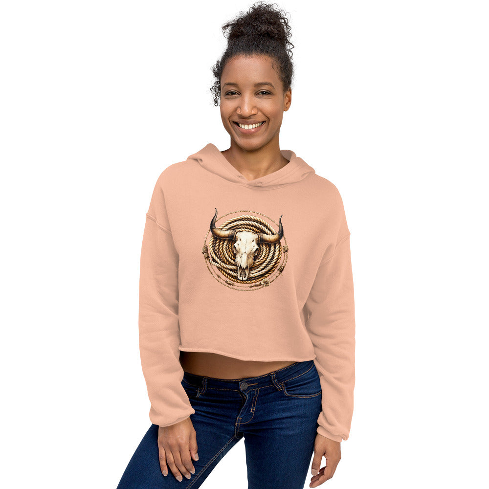 Peach Western Skull Hoodie with bull skull and rope design – front view on model