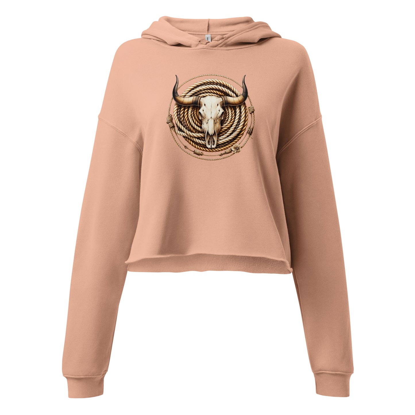 Close-up of bull skull and rope graphic on peach western crop hoodie