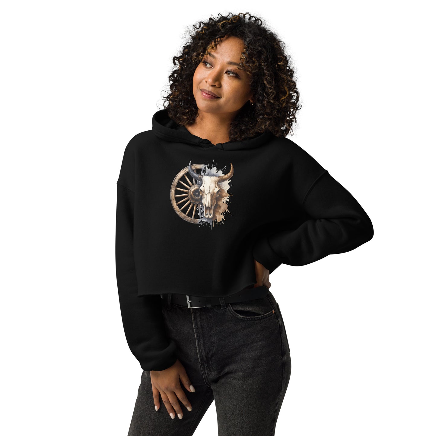 Black western skull hoodie with wagon wheel and bull skull graphic – front view