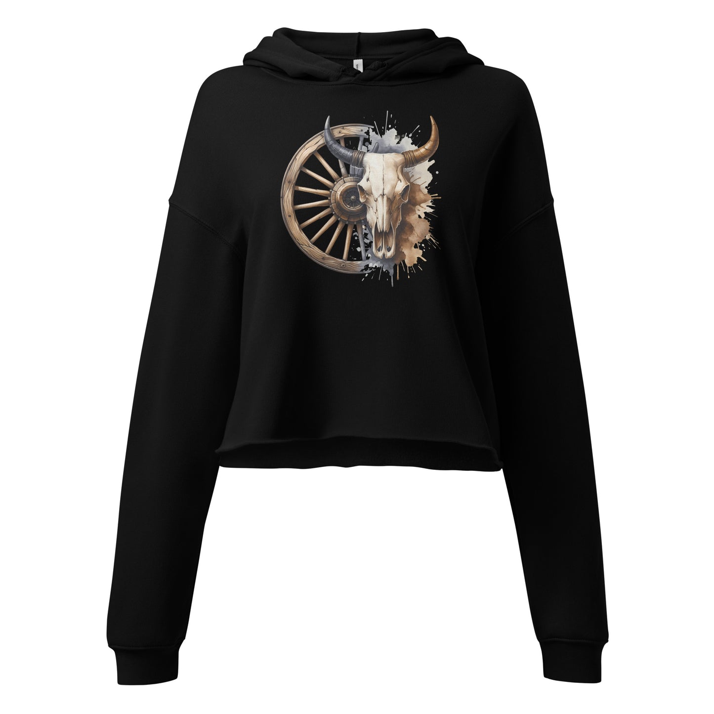 Graphic detail of wagon wheel and skull print on black hoodie with splatter accents