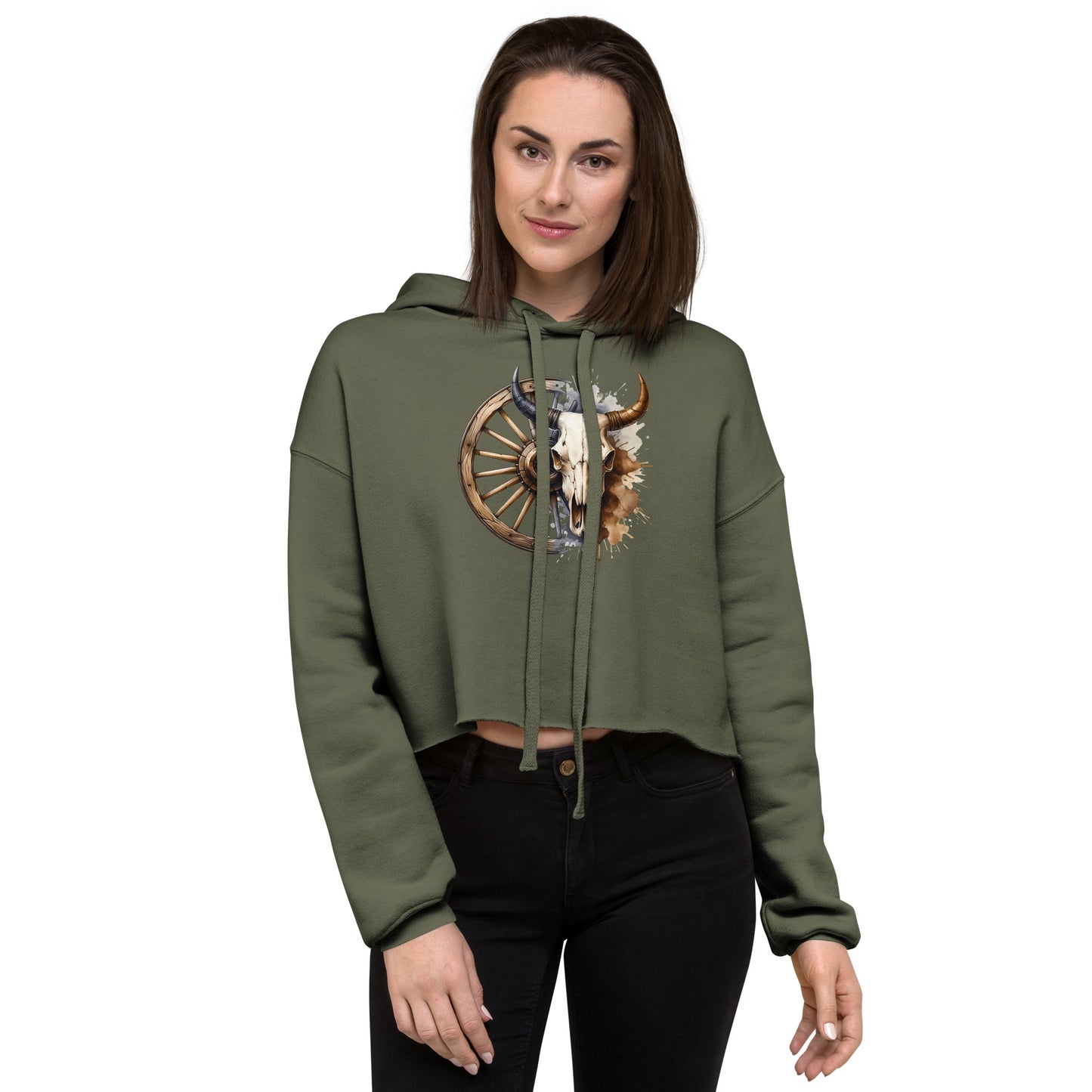 Military green hoodie with wagon wheel and bull skull design – front view on model