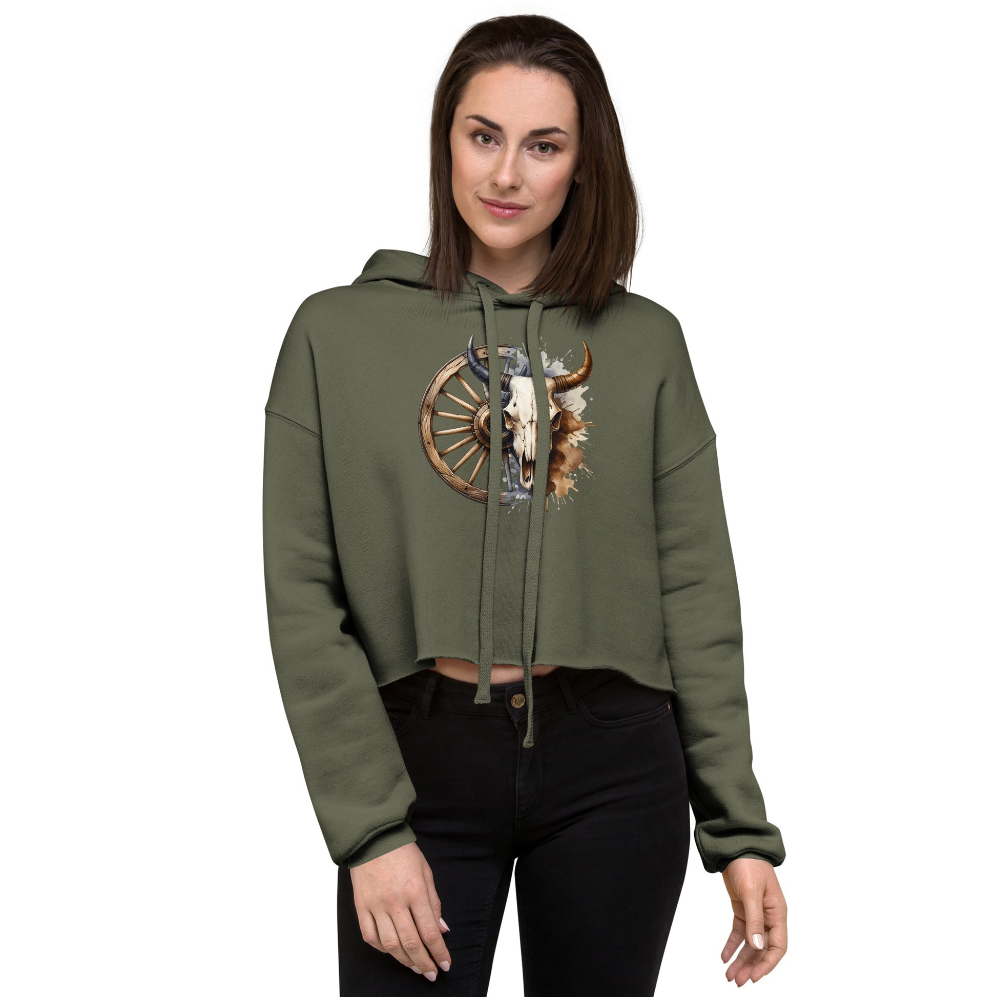 Military green hoodie with wagon wheel and bull skull design – front view on model