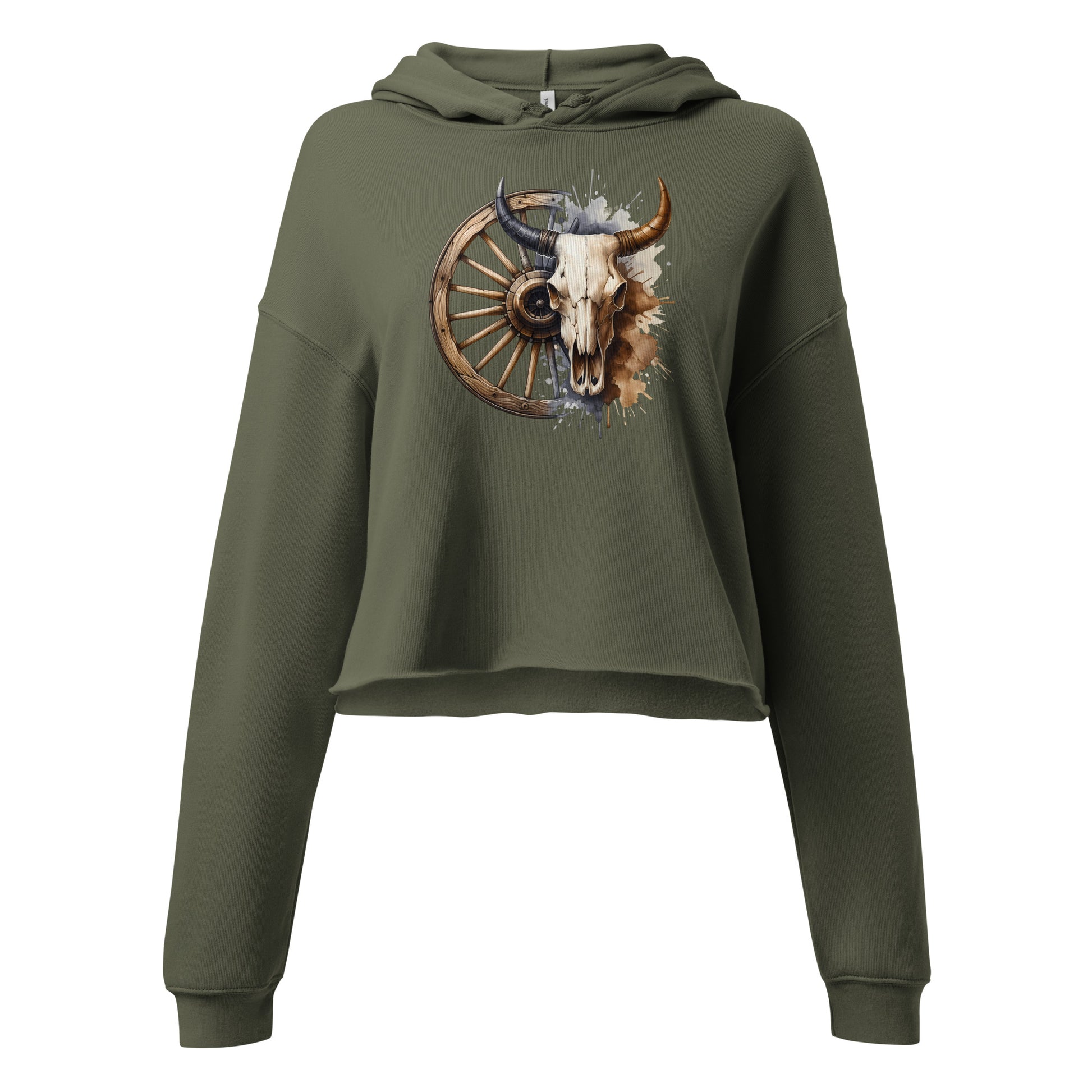 Detail of bull skull and wagon wheel with paint splatter on military green hoodie