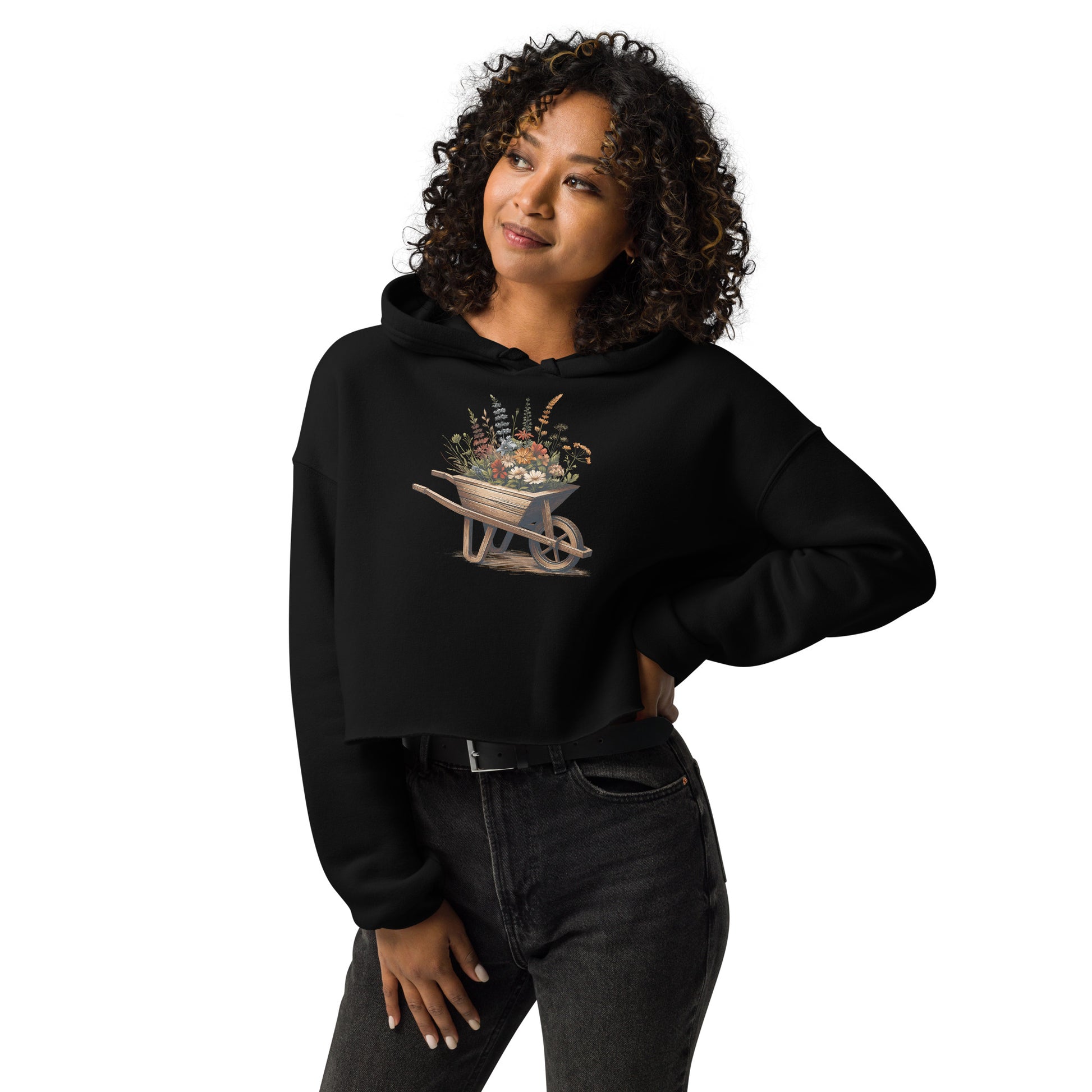Side angle of black floral graphic hoodie with western crop fit 