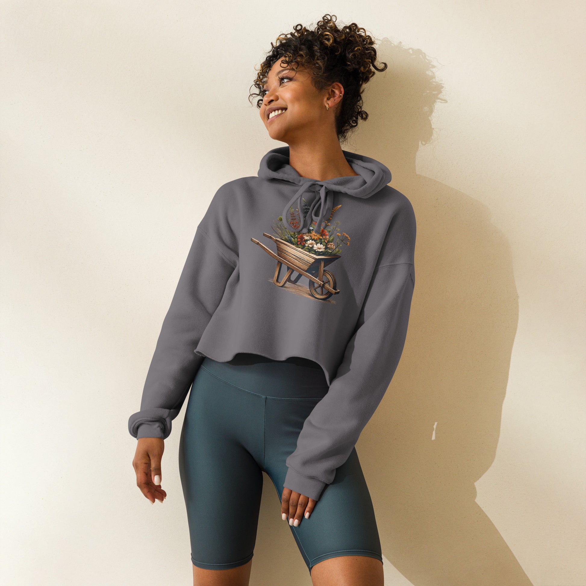 Storm gray hoodie with floral graphic – western crop style on model