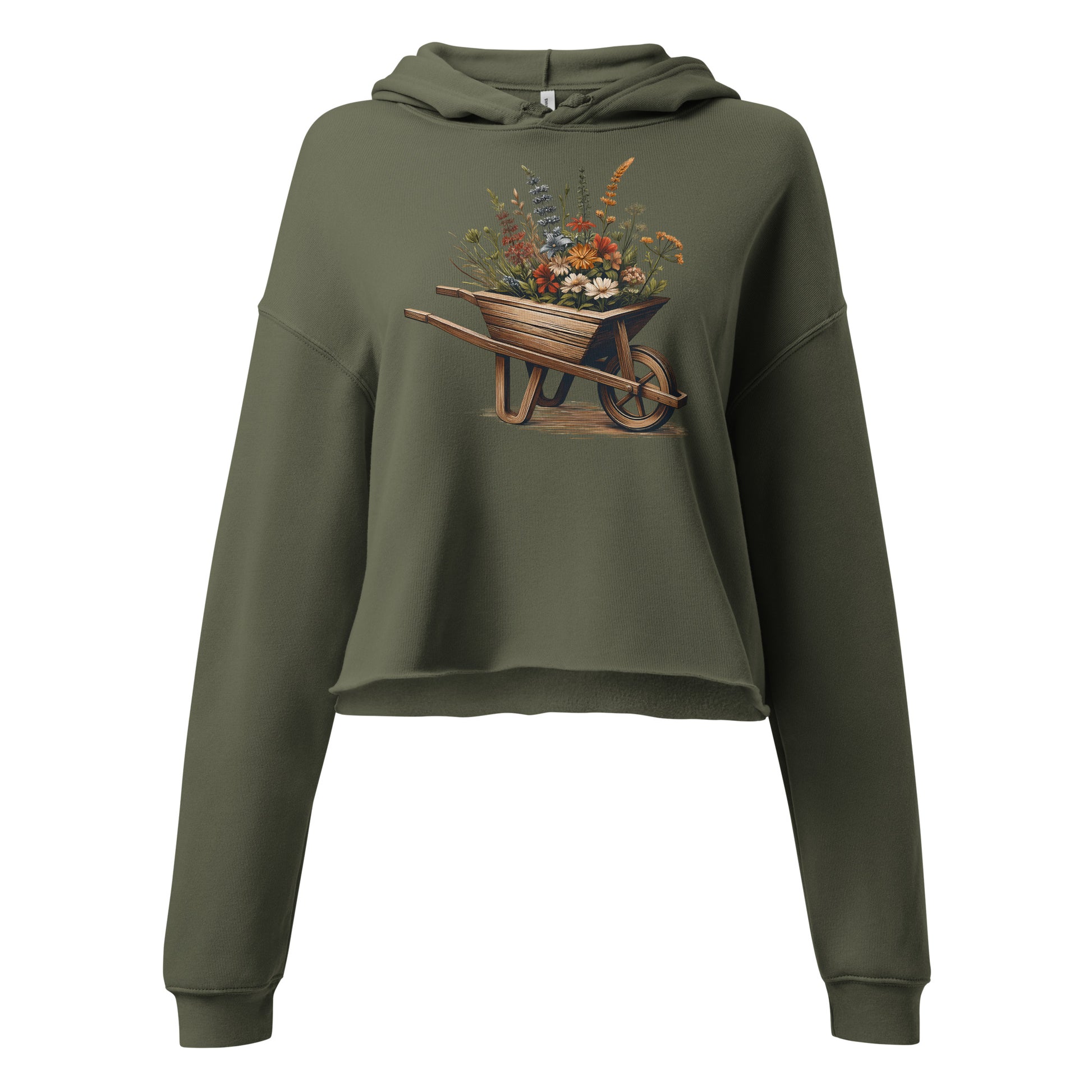 Close-up of rustic flower print on military green boho hoodie