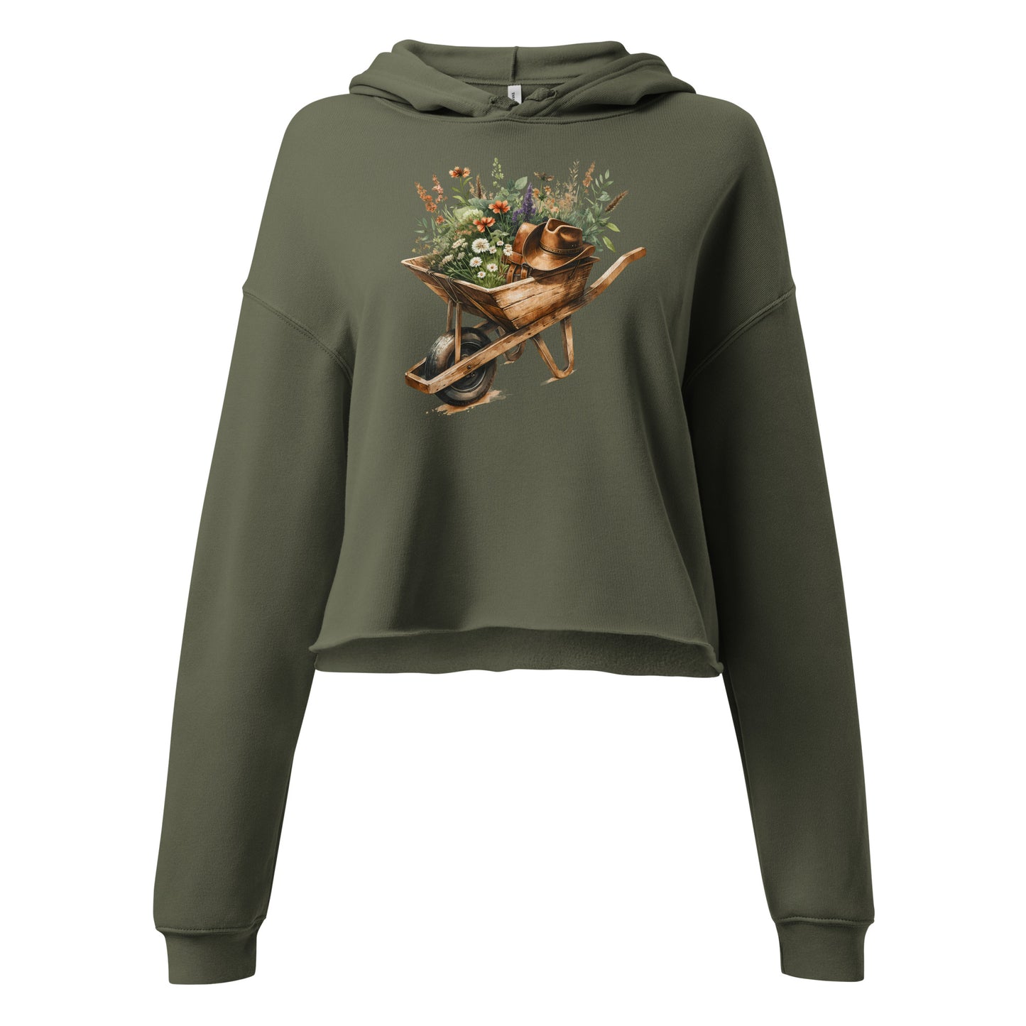 Detail of floral gardening wheelbarrow graphic on green crop hoodie