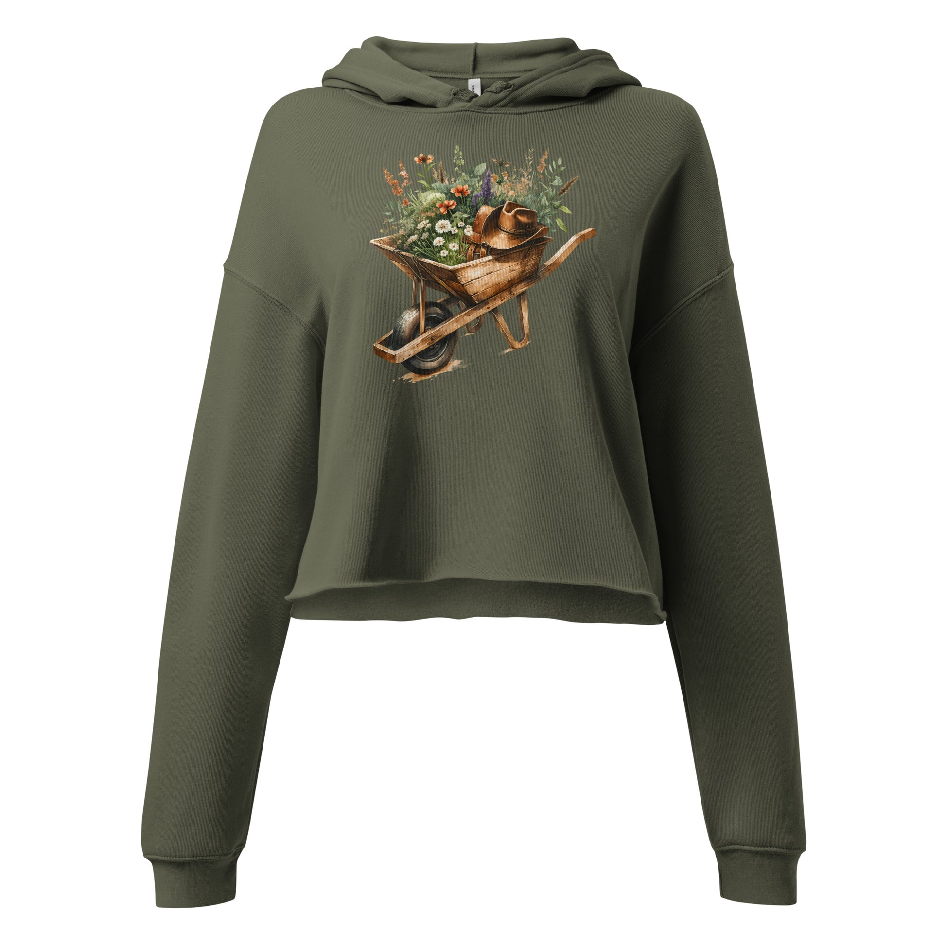 Detail of floral gardening wheelbarrow graphic on green crop hoodie