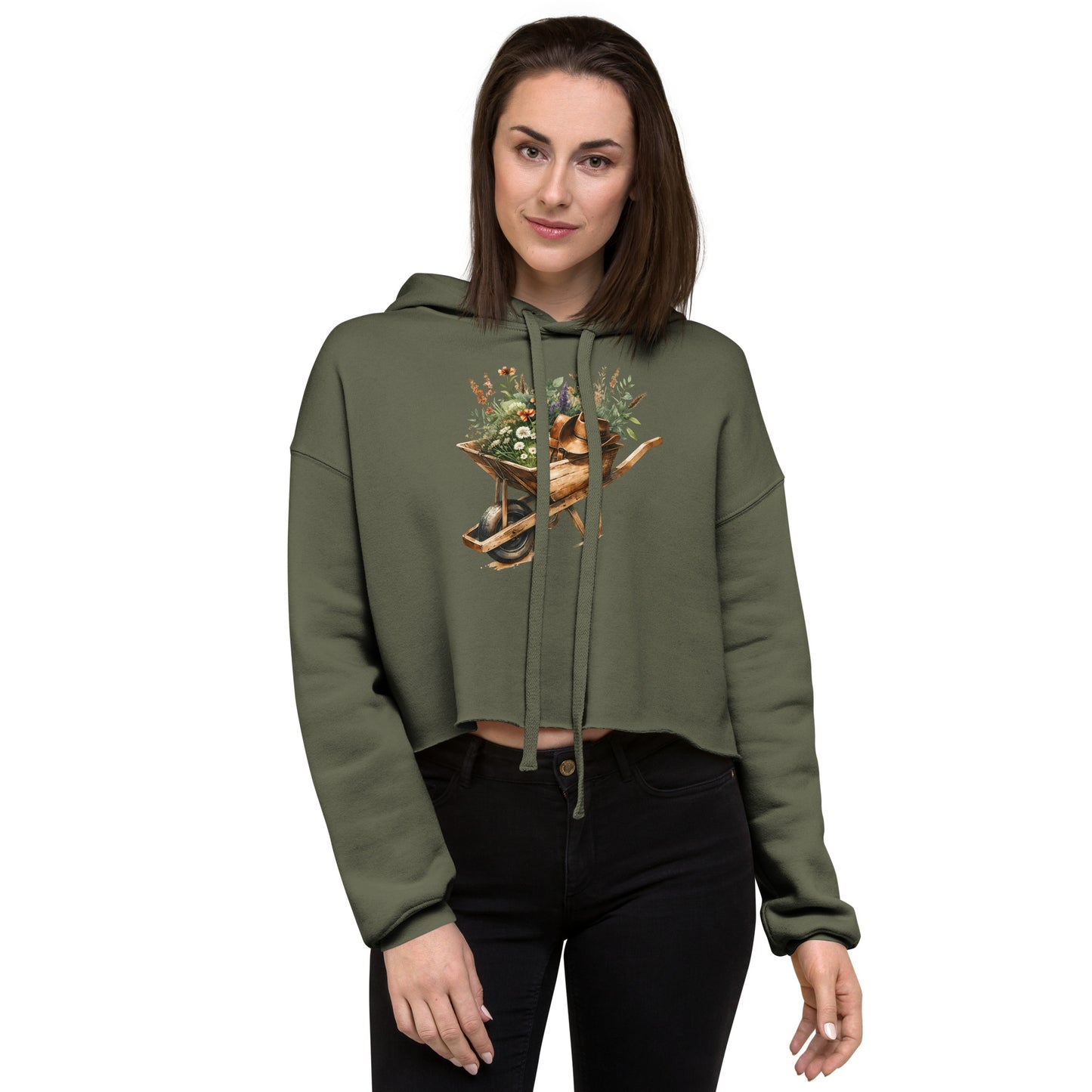 Military green cropped hoodie with rustic wheelbarrow, flowers, and gardening hat – front view