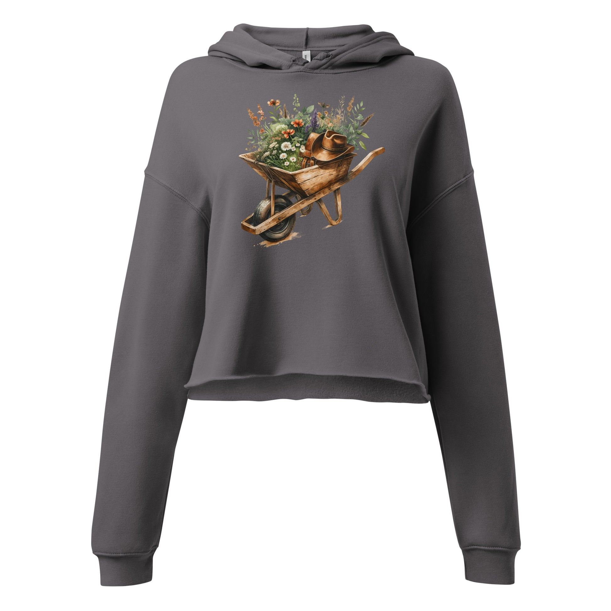 Graphic close-up of western garden print on storm gray hoodie