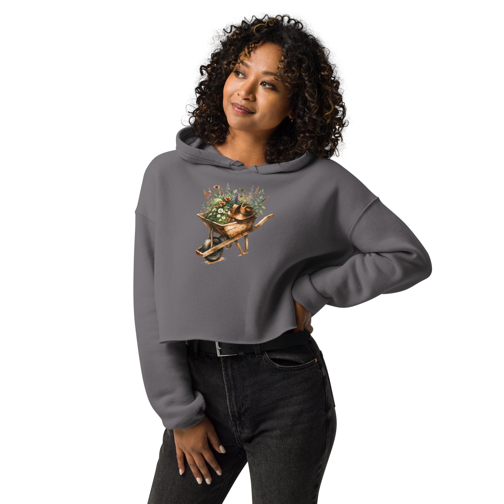 Storm gray cropped hoodie with country-style wheelbarrow floral graphic – front view