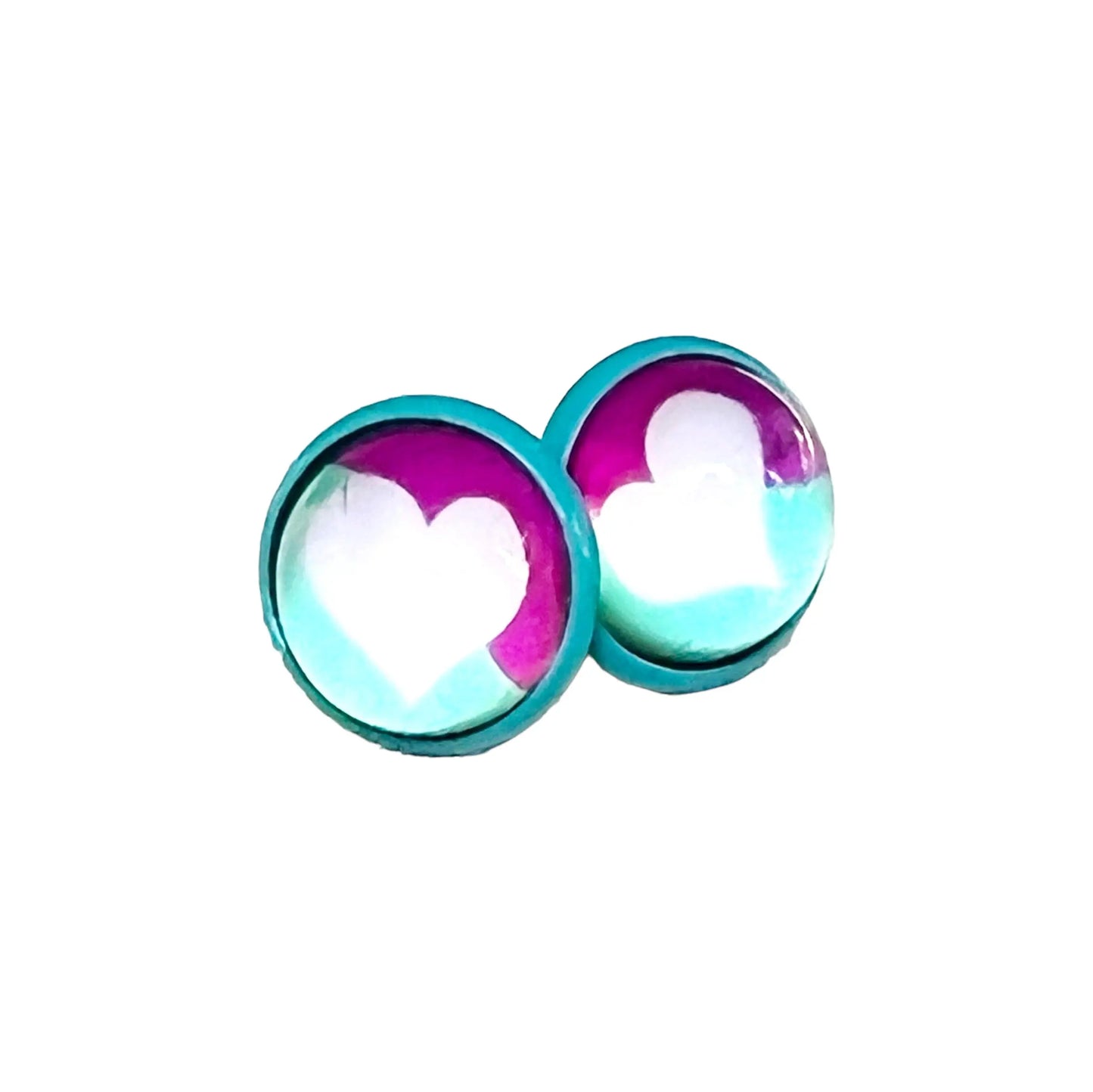 Teal and purple heart-shaped earrings on a white background