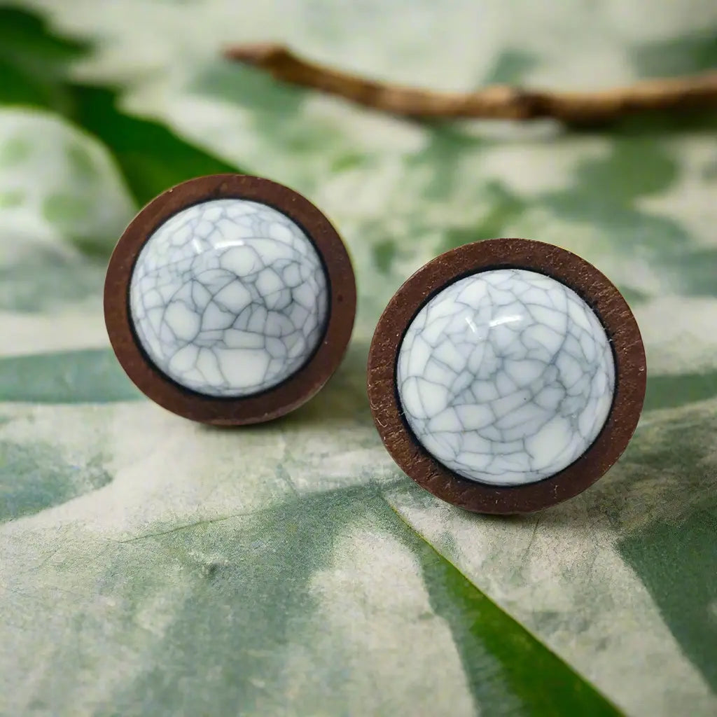 White Marble Wood Stud Earrings – Neutral Hypoallergenic Studs