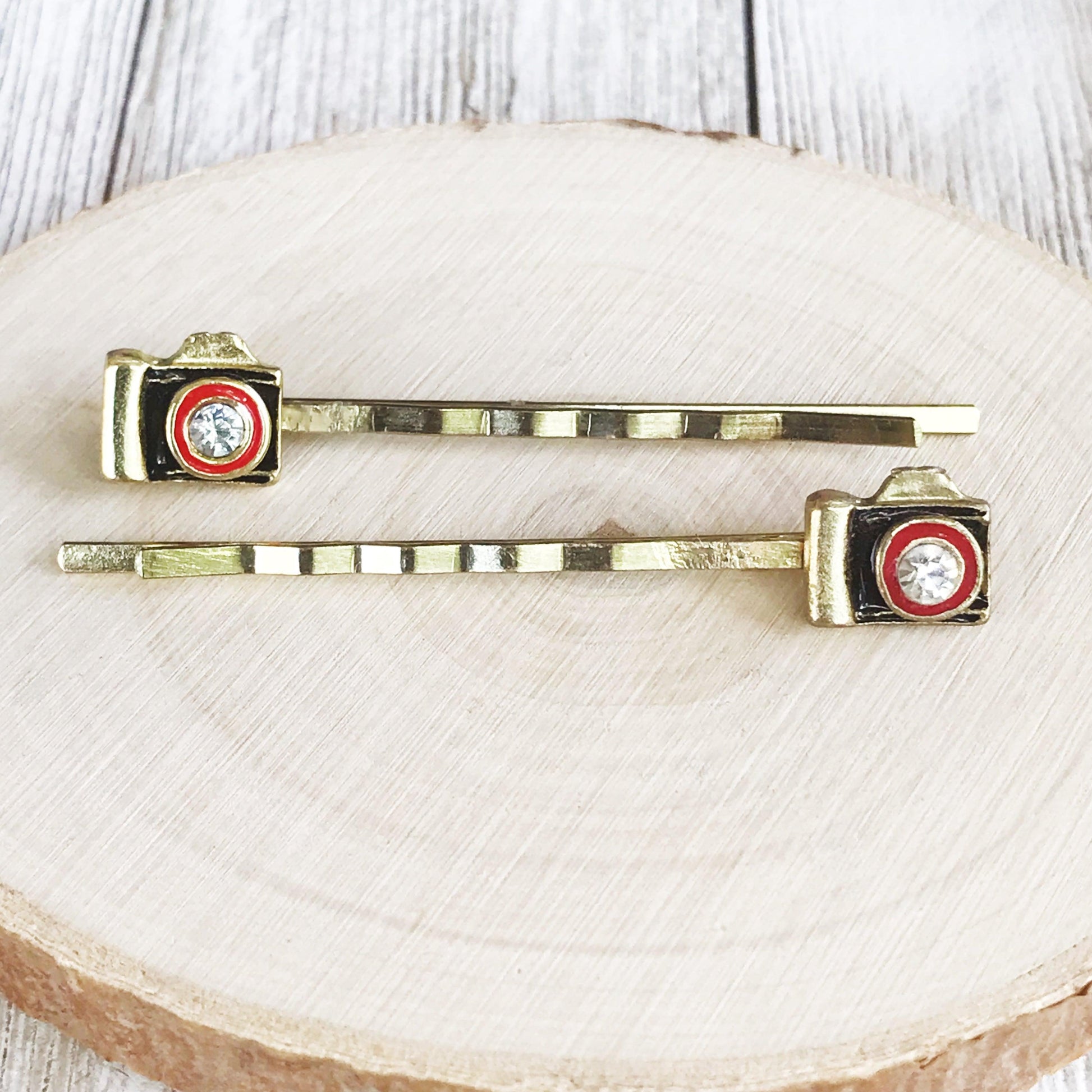 Gold Camera Hair Pins Set of 2 - Quirky Accessories for Photography Enthusiasts