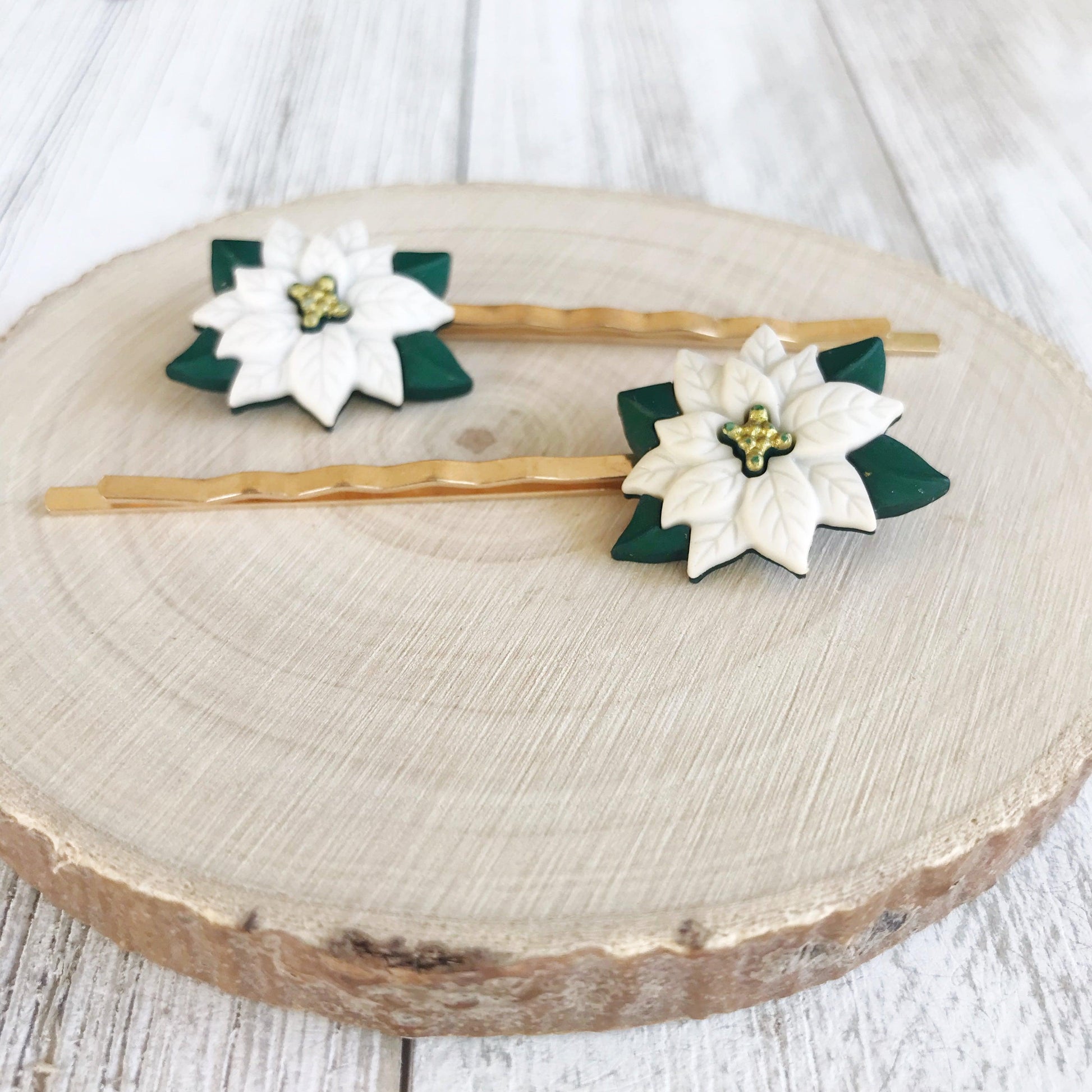White Flower Chrysanthemum Hair Pins - Festive Christmas Holiday Accessories
