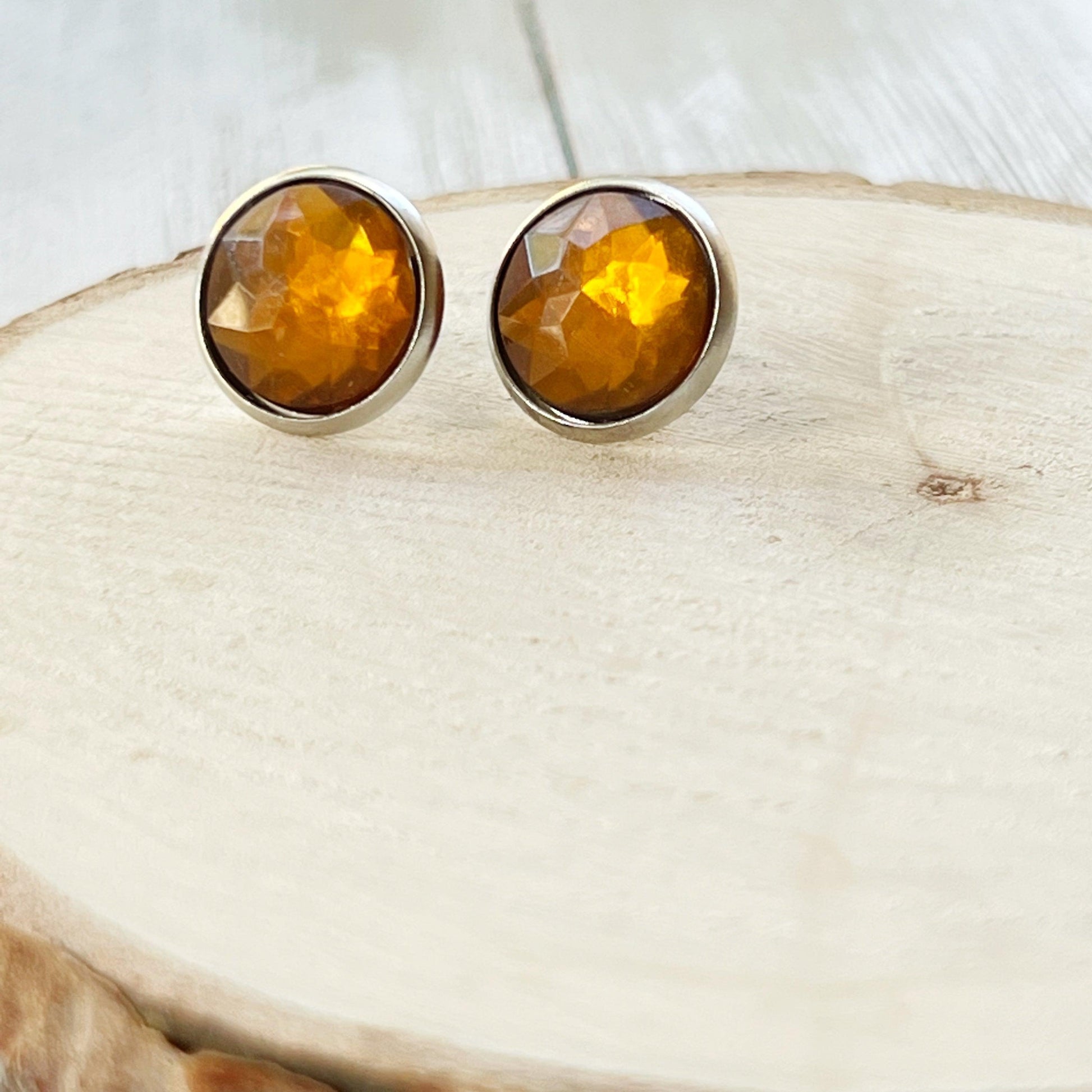 Citrine Stud Earrings - Boho Stainless Steel Design Unique Women’s & Men's Style | Topaz Accents
