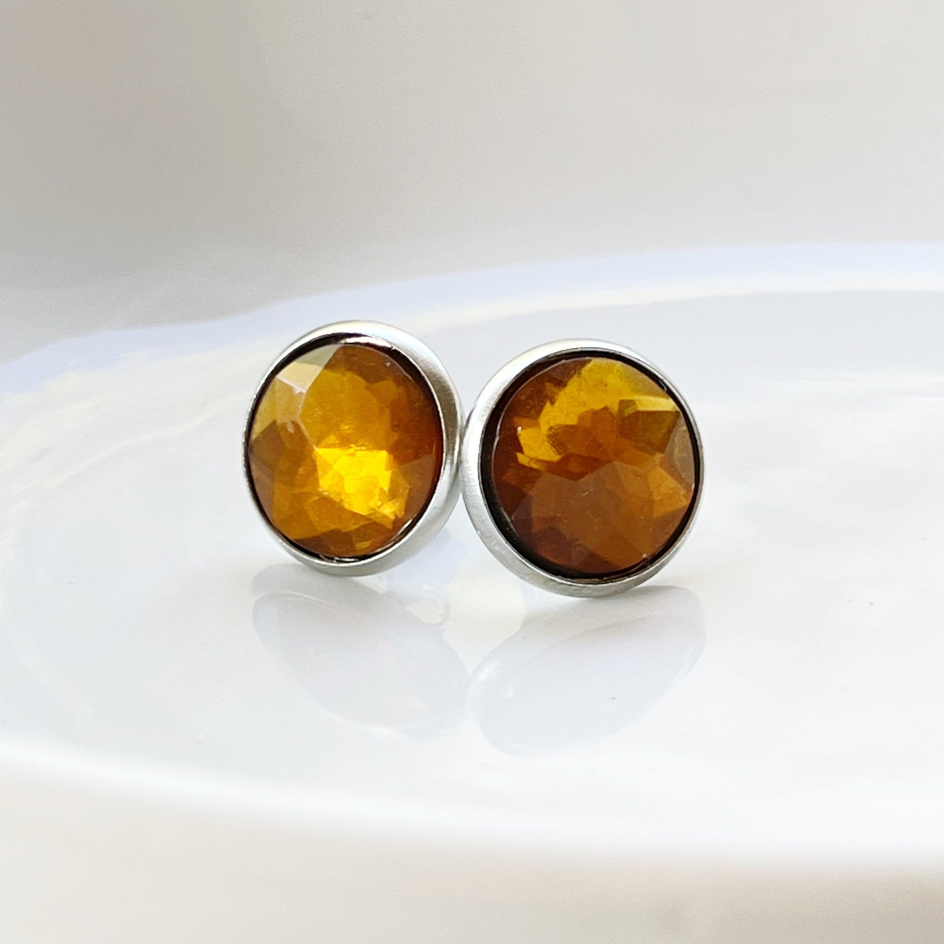 Citrine Stud Earrings - Boho Stainless Steel Design Unique Women’s & Men's Style | Topaz Accents