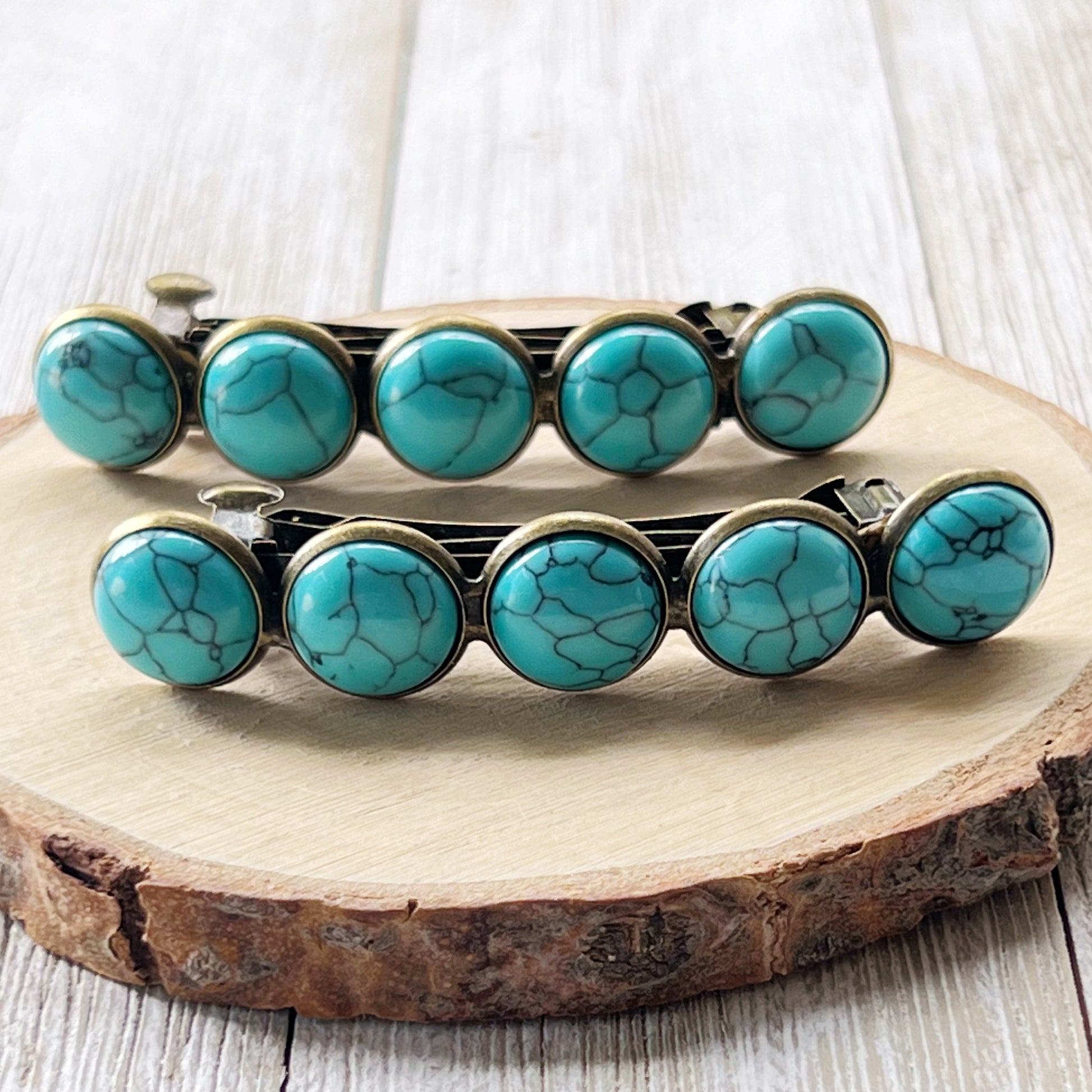 Turquoise Hair Barrettes - Western Cowgirl Hair Pins, Women's Southwestern Boho Hair Accessories, Set of 2