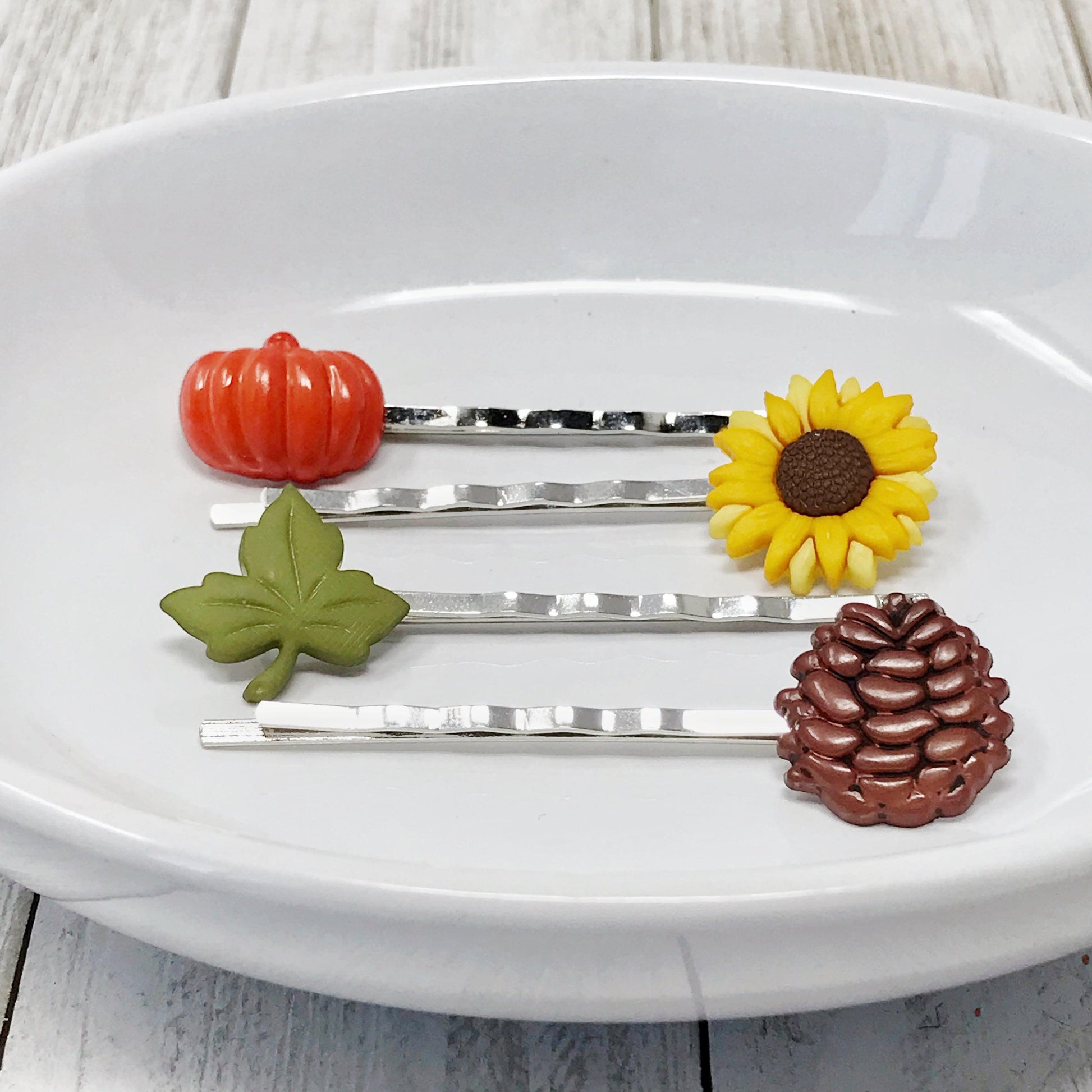 Autumn Harvest Hair Pin Set – Silver Bobby Pins with Pumpkin, Sunflower & Pinecone