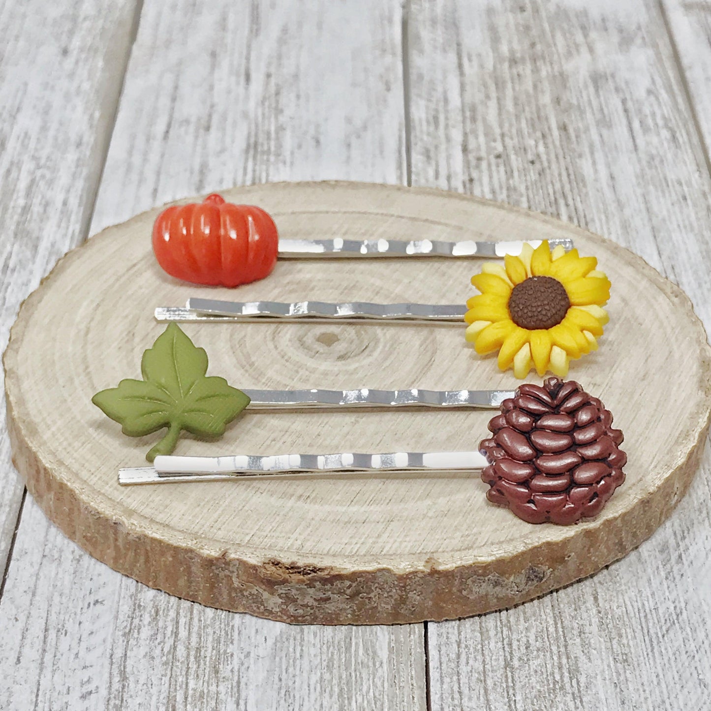 Autumn Harvest Hair Pin Set – Silver Bobby Pins with Pumpkin, Sunflower & Pinecone