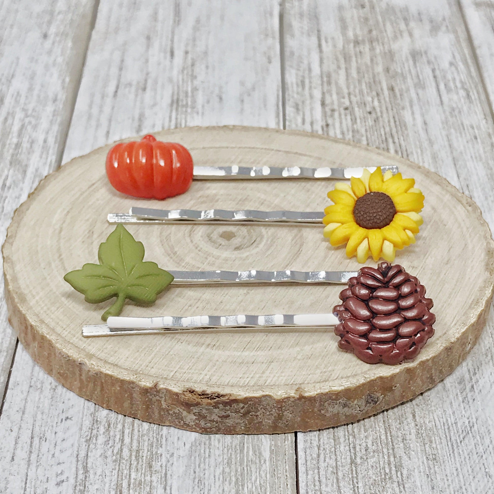 Autumn Harvest Hair Pin Set – Silver Bobby Pins with Pumpkin, Sunflower & Pinecone