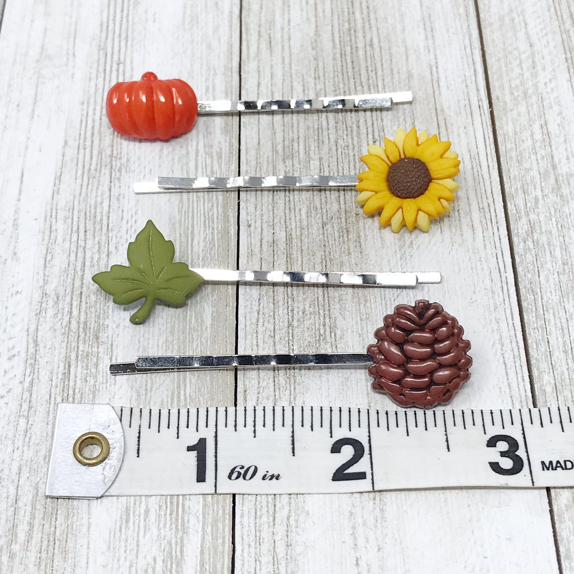 Autumn Harvest Hair Pin Set – Silver Bobby Pins with Pumpkin, Sunflower & Pinecone