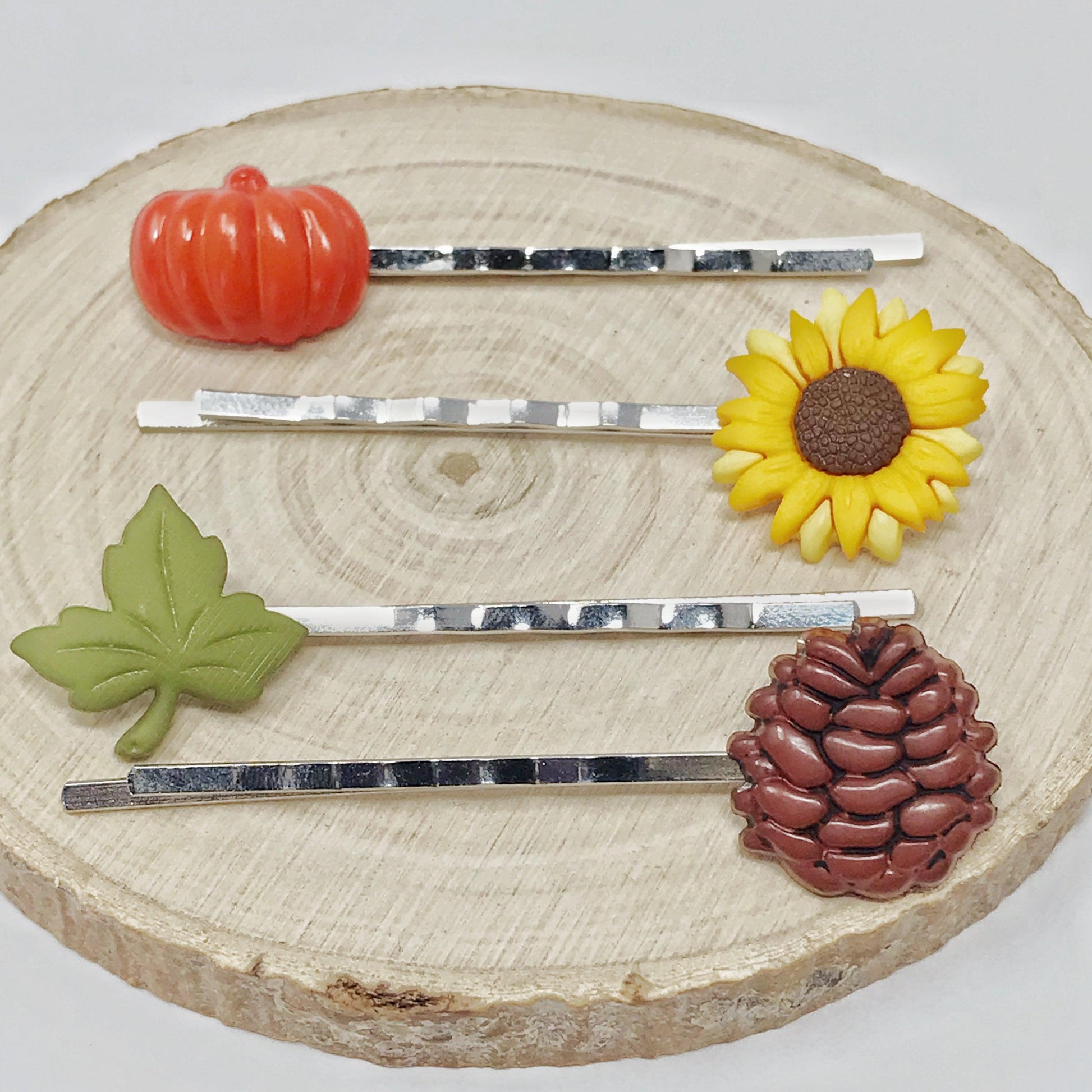 Autumn Harvest Hair Pin Set – Silver Bobby Pins with Pumpkin, Sunflower & Pinecone