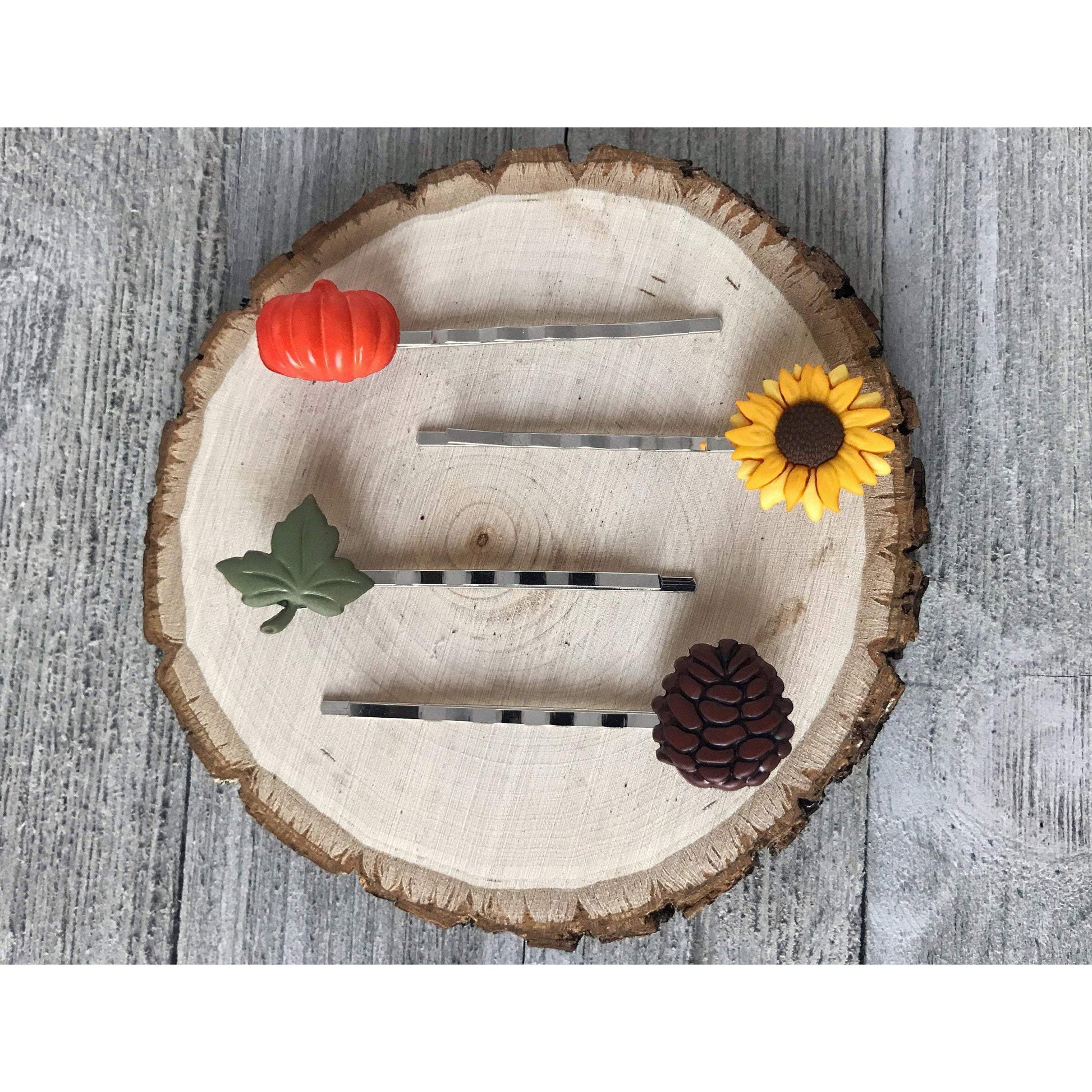 Autumn Harvest Hair Pin Set – Silver Bobby Pins with Pumpkin, Sunflower & Pinecone