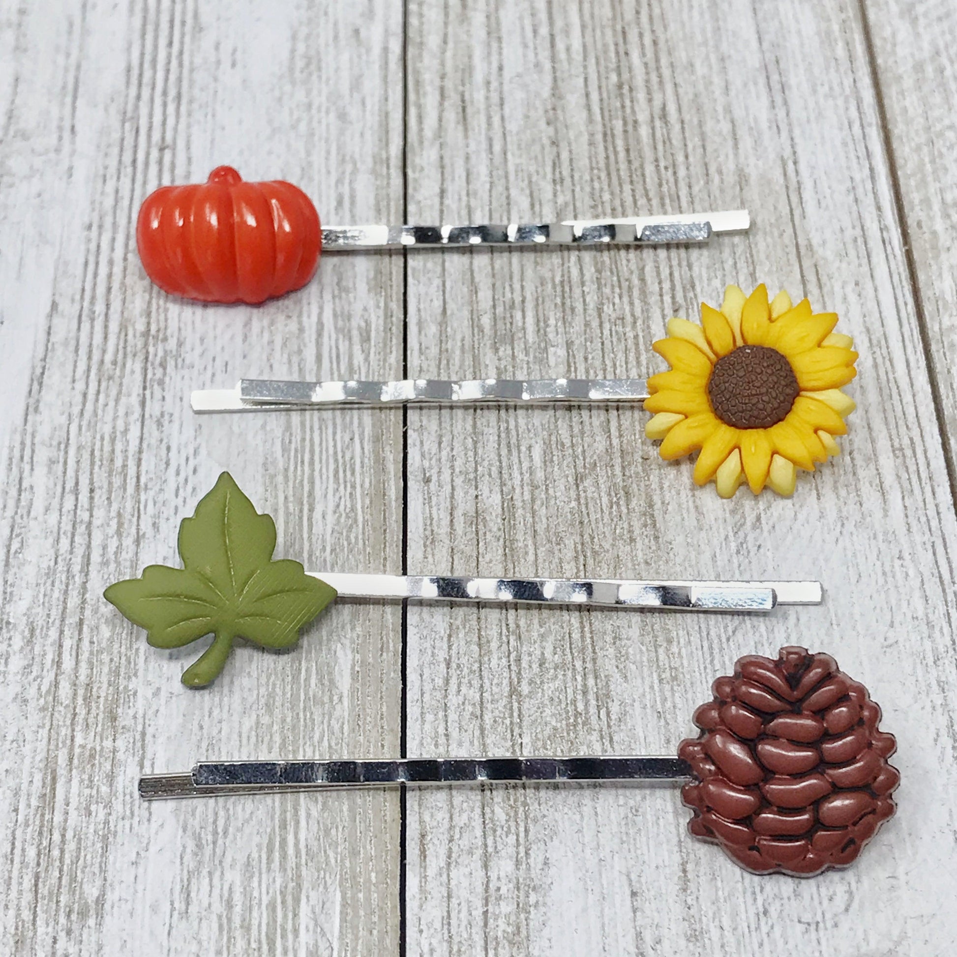 Autumn Harvest Hair Pin Set – Silver Bobby Pins with Pumpkin, Sunflower & Pinecone