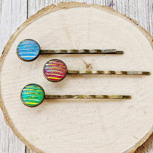 Green, Red, & Blue Striped Glitter Brass Hair Pins Set of 3- Sparkling & Colorful Hair Accessories