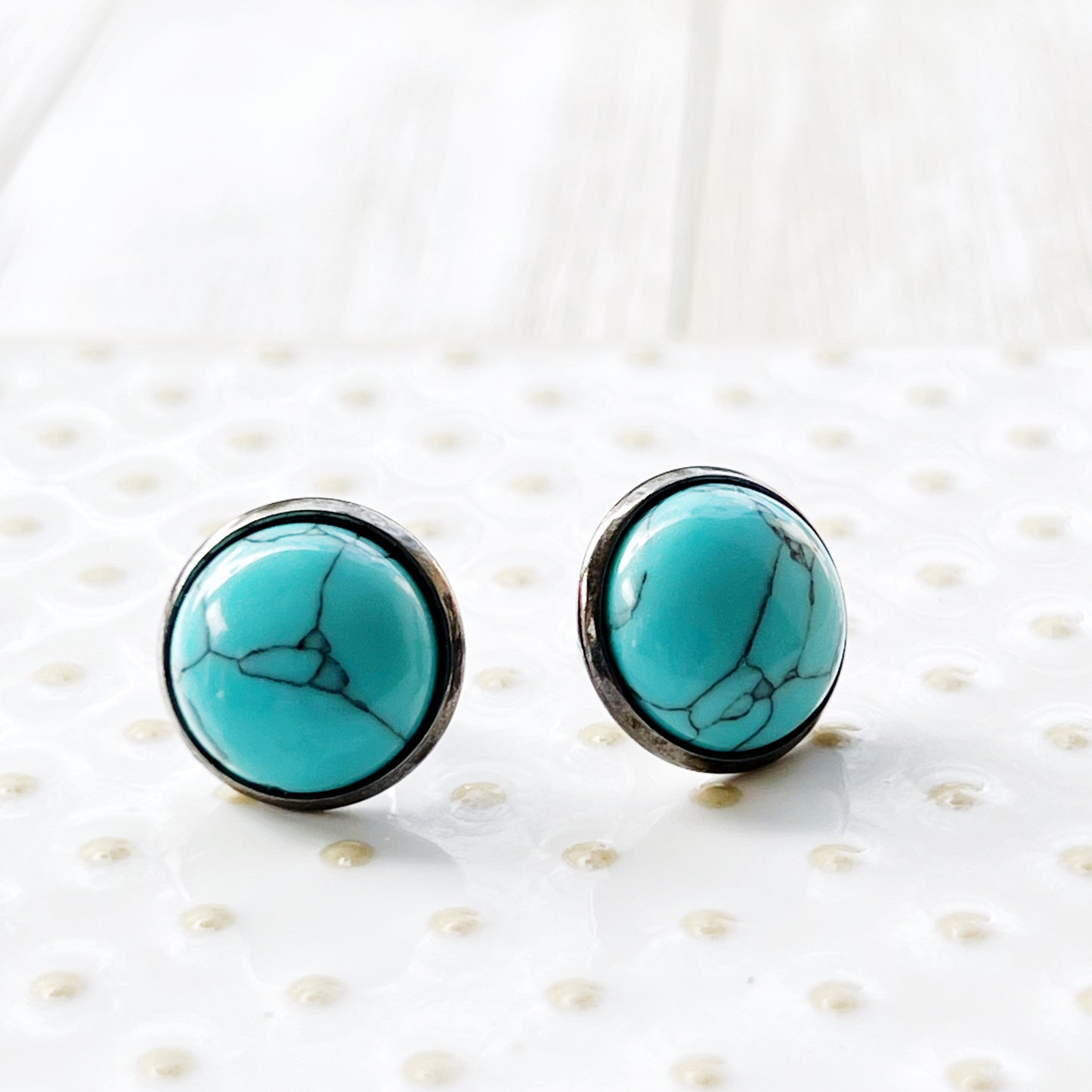 Gunmetal Turquoise 12mm Stud Earrings on white tray 