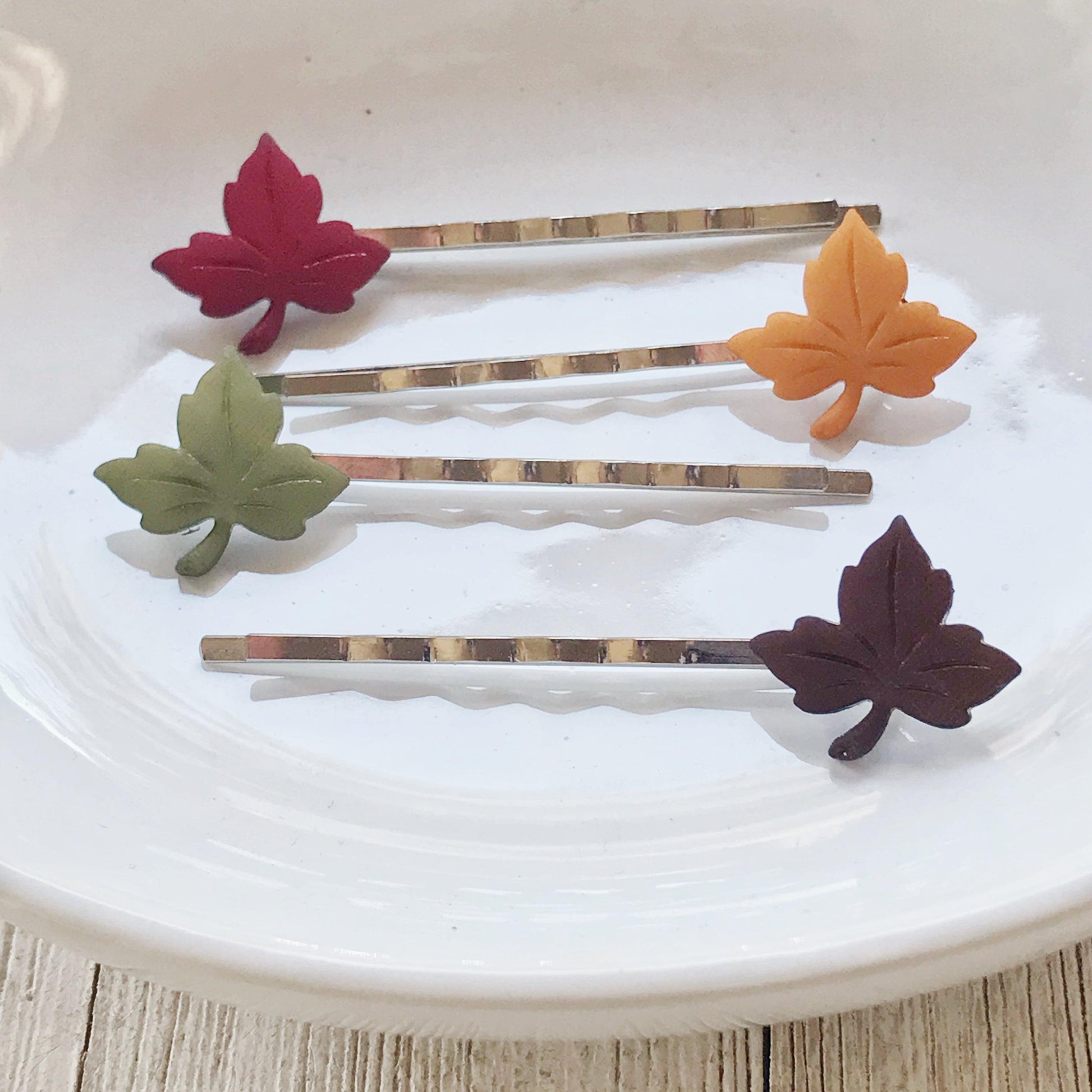 Maple Leaf Hair Pin Set – Fall Foliage Bobby Pins in Red, Orange, Green & Plum