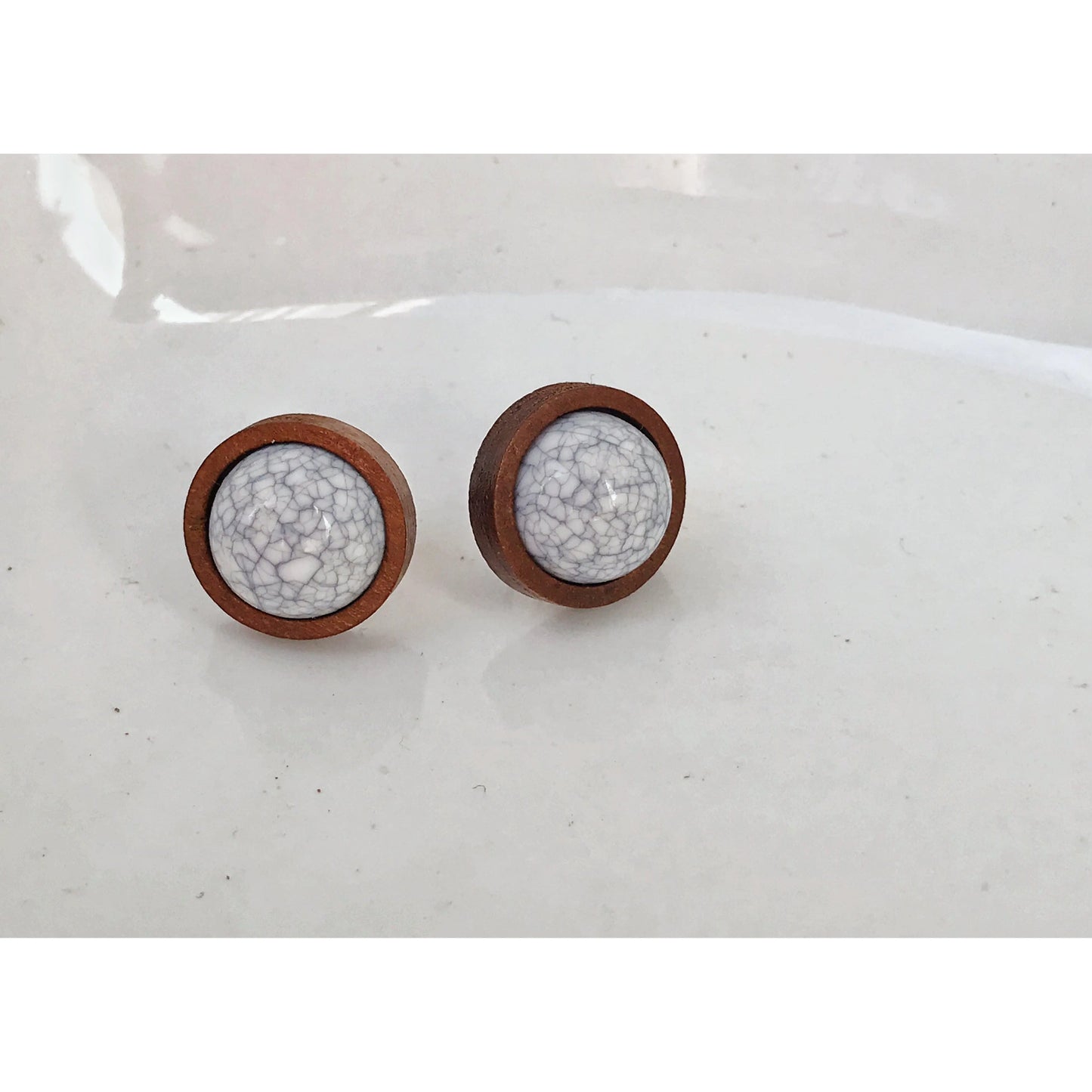 White Stone Wood Stud Earrings - side view