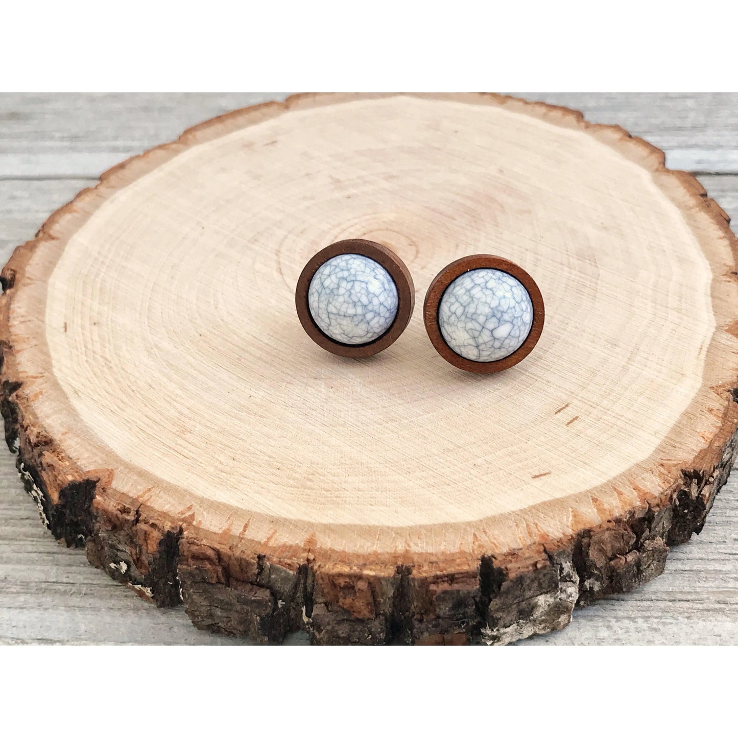 White Stone Wood Stud Earrings - Boho Chic Western Jewelry