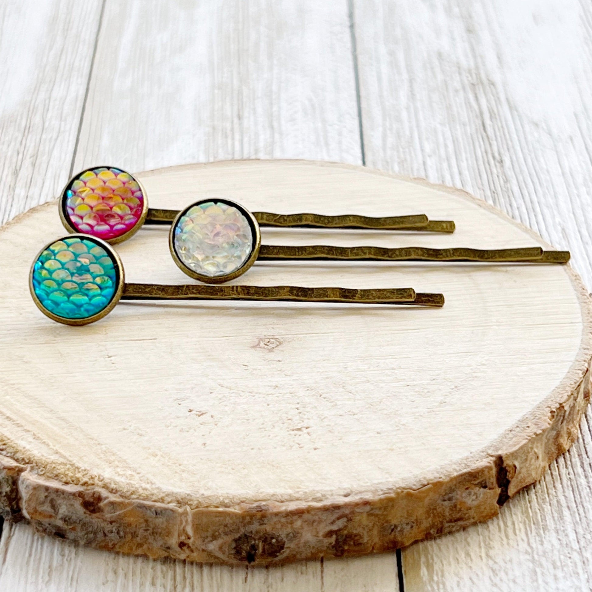 Brass Mermaid Hair Pins: Set of 3 in Pink, White, and Blue Colors for Enchanting Hairstyles