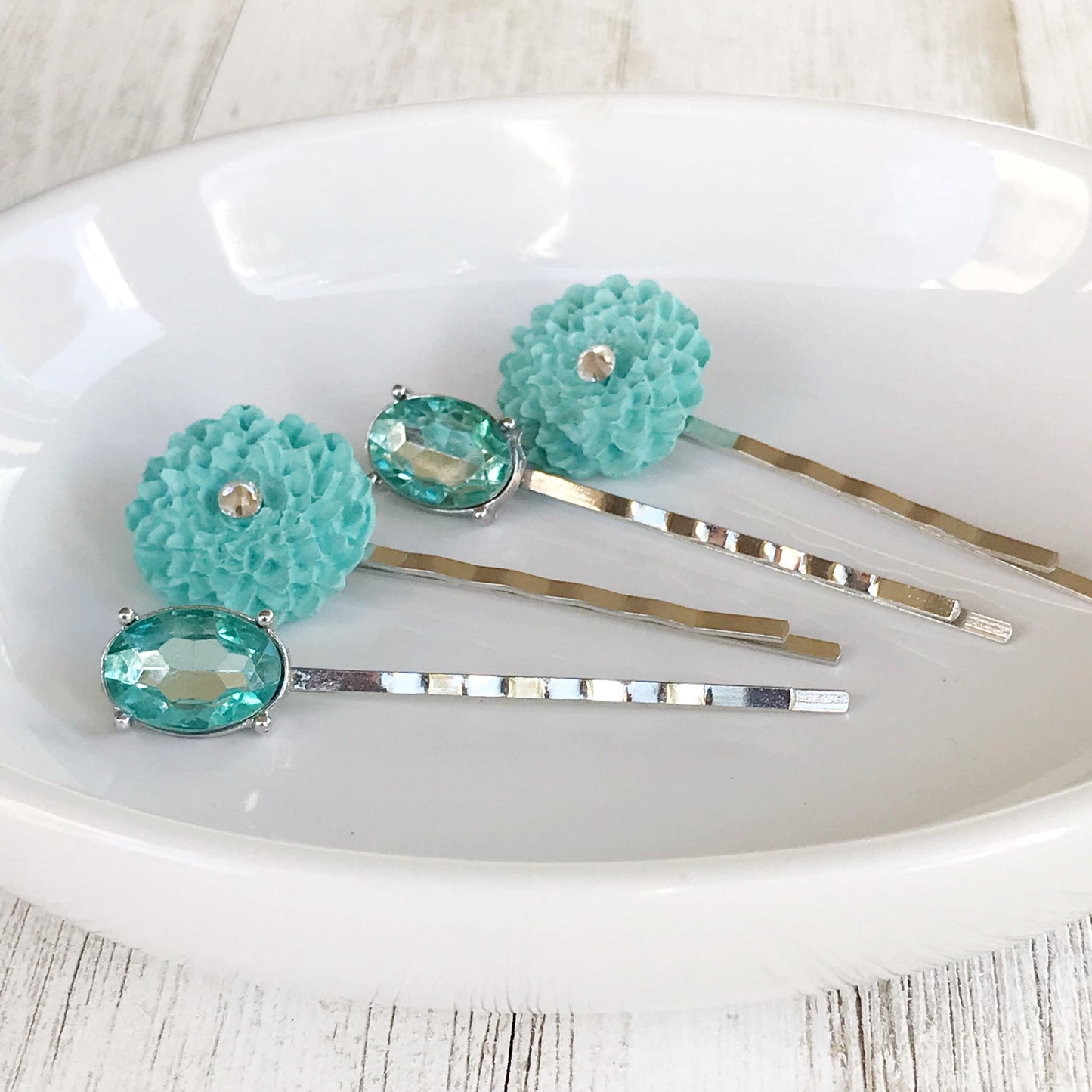 Mint Green Flower Bobby Pins, Rhinestone Jewelry, Womens Hair Clips, Decorative Hair Accessories Gift, Hair Pin for Women, Barrette for Women