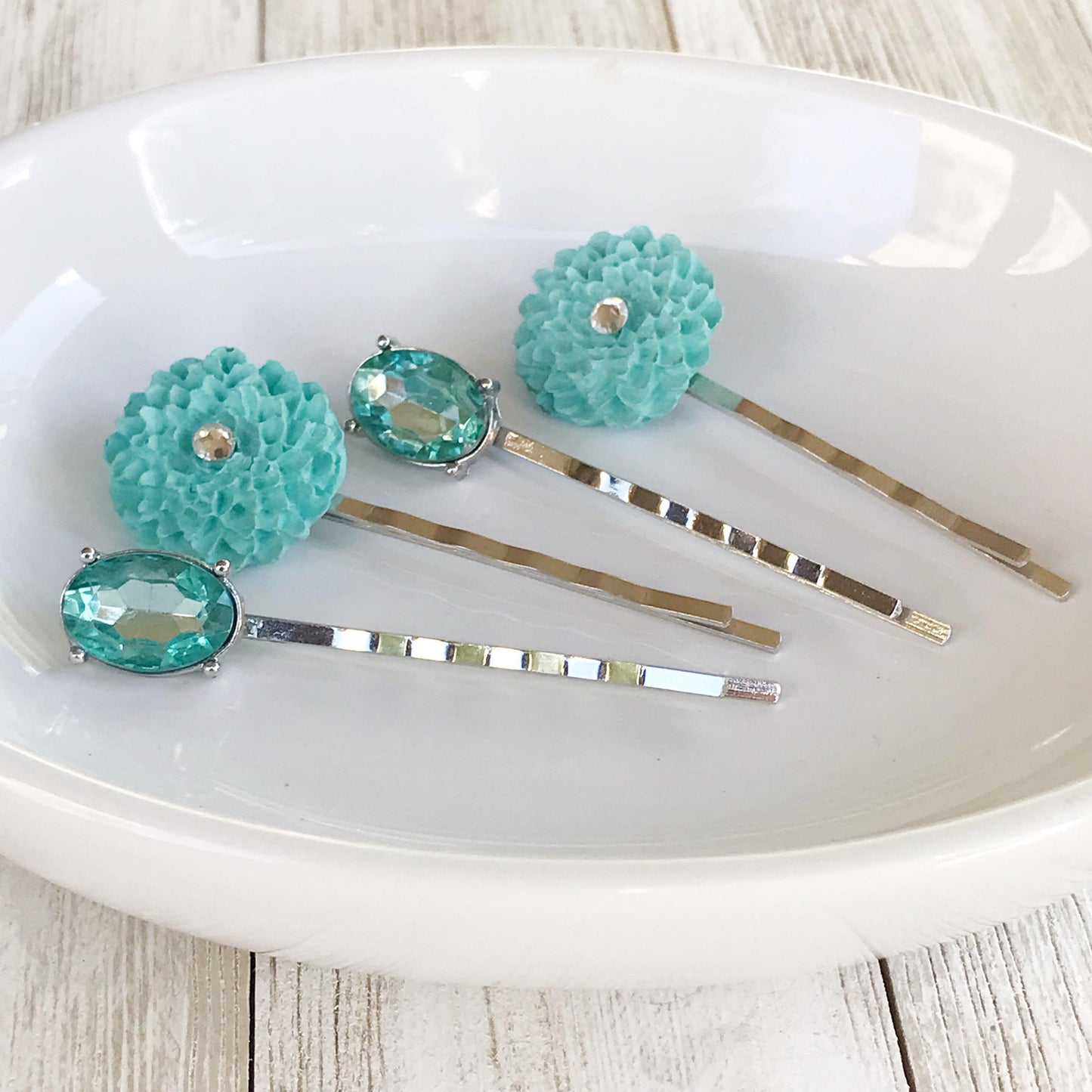 Mint Green Flower Bobby Pins, Rhinestone Jewelry, Womens Hair Clips, Decorative Hair Accessories Gift, Hair Pin for Women, Barrette for Women