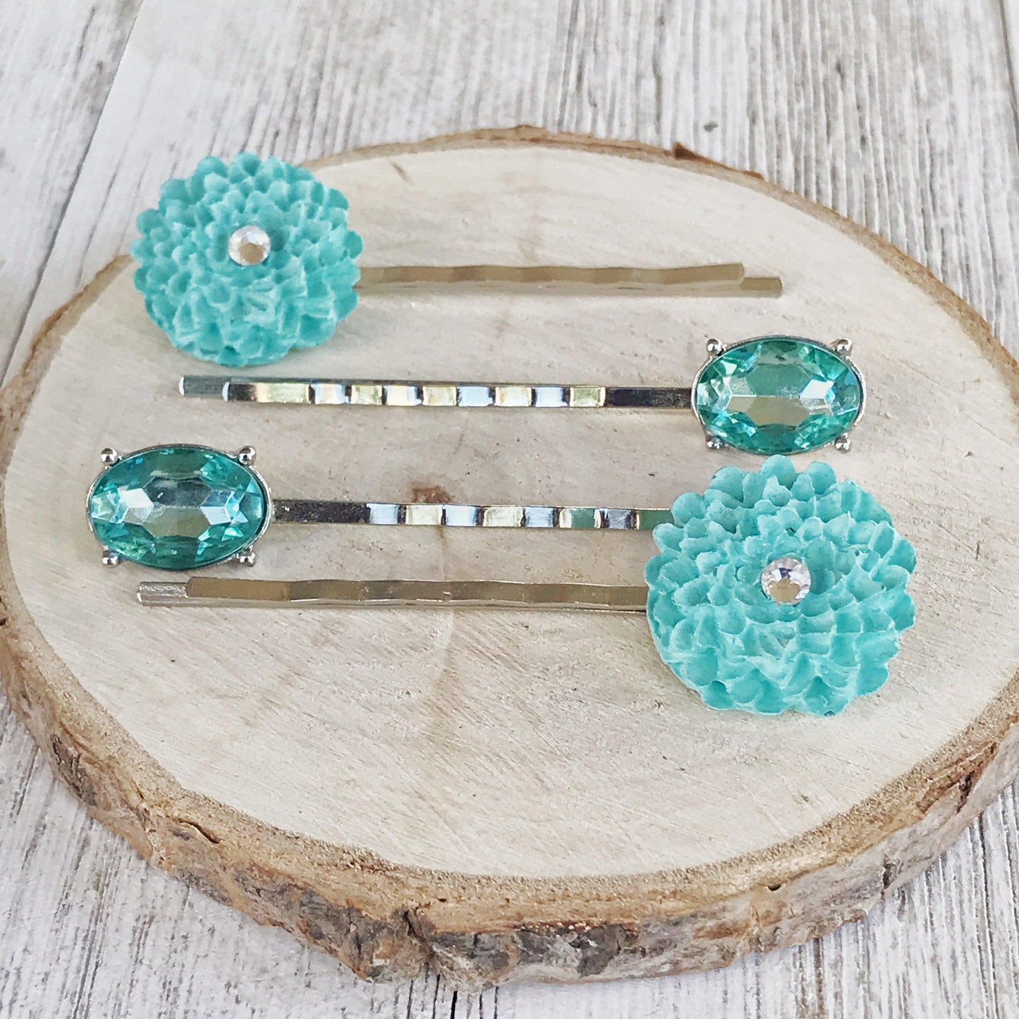 Mint Green Flower Bobby Pins, Rhinestone Jewelry, Womens Hair Clips, Decorative Hair Accessories Gift, Hair Pin for Women, Barrette for Women