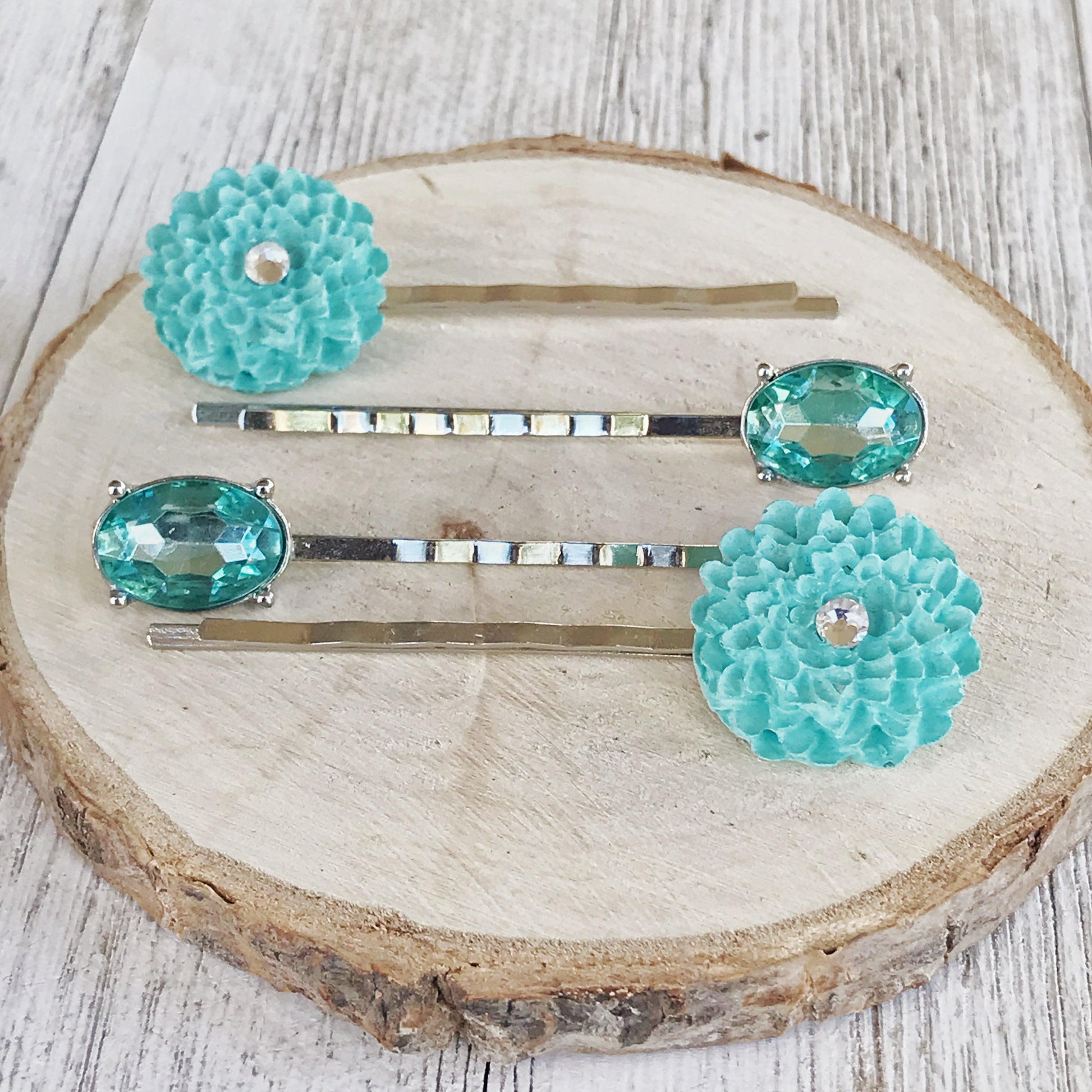 Mint Green Flower Bobby Pins, Rhinestone Jewelry, Womens Hair Clips, Decorative Hair Accessories Gift, Hair Pin for Women, Barrette for Women