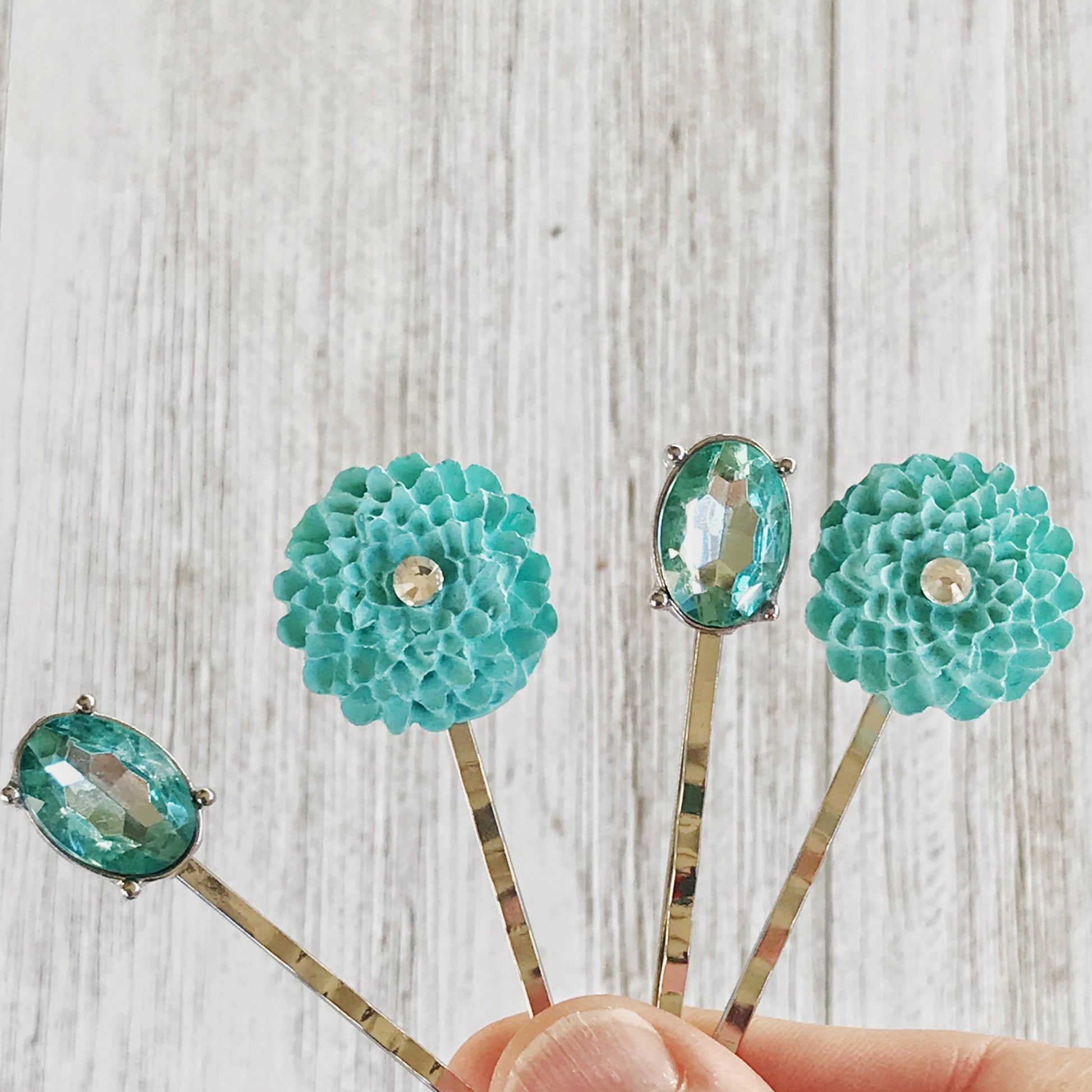 Mint Green Flower Bobby Pins, Rhinestone Jewelry, Womens Hair Clips, Decorative Hair Accessories Gift, Hair Pin for Women, Barrette for Women