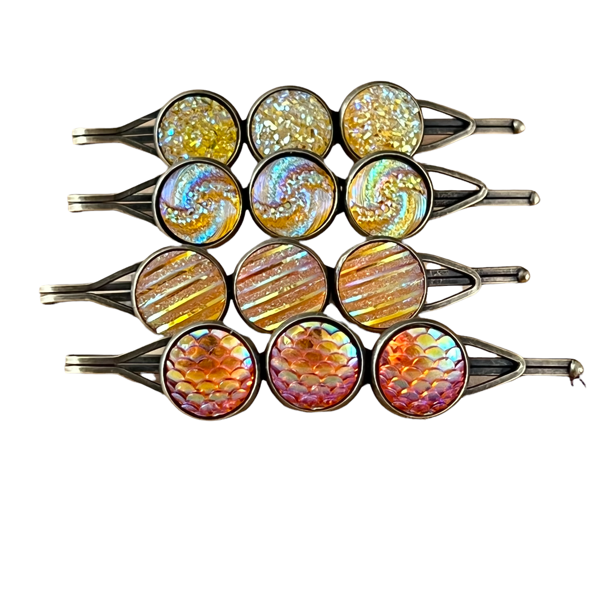 Yellow-Orange Glitter Druzy Hair Pins Set - Set of 4 with Unique Pattern Designs