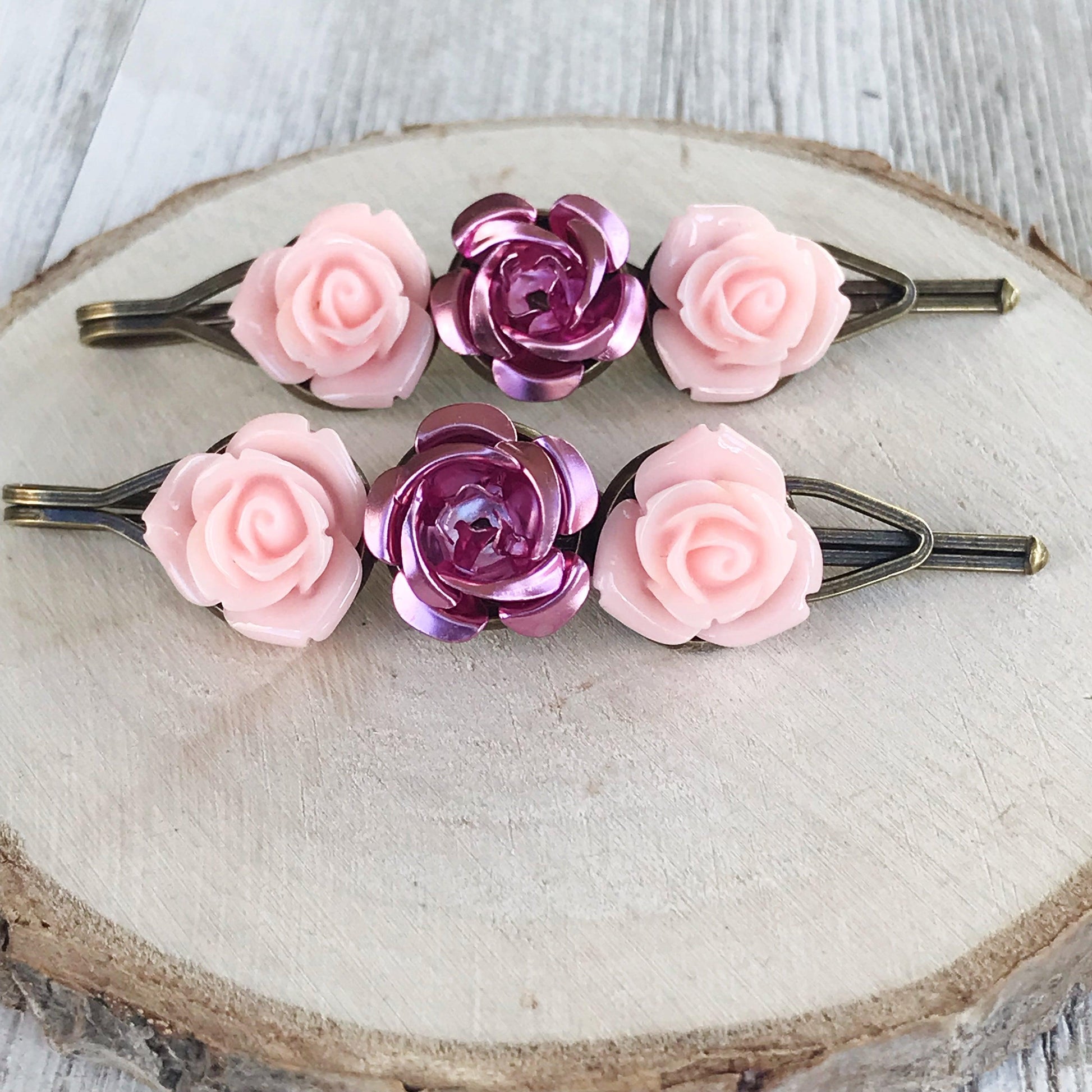 Pink Rose Floral Hair Pins: Elegant Romantic Hair Accessories