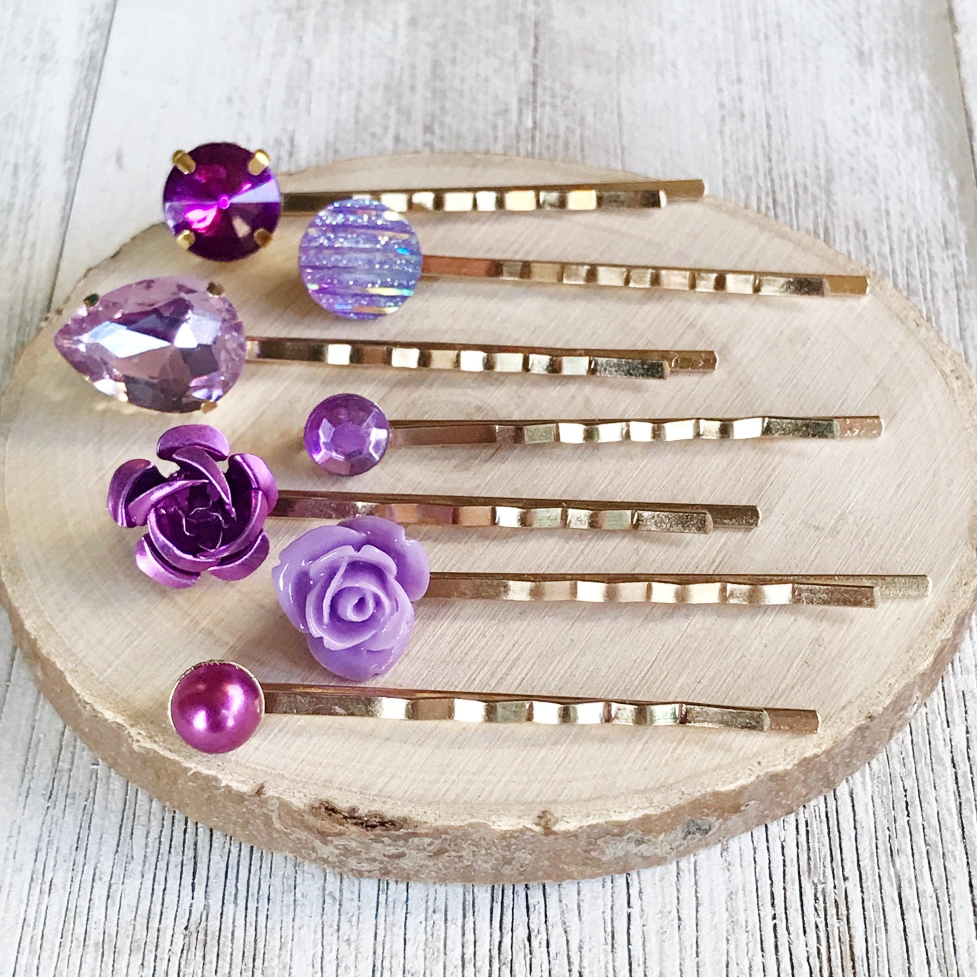 Purple & Gold Rhinestone Hair Pins - Elegant Floral Wedding Accessories