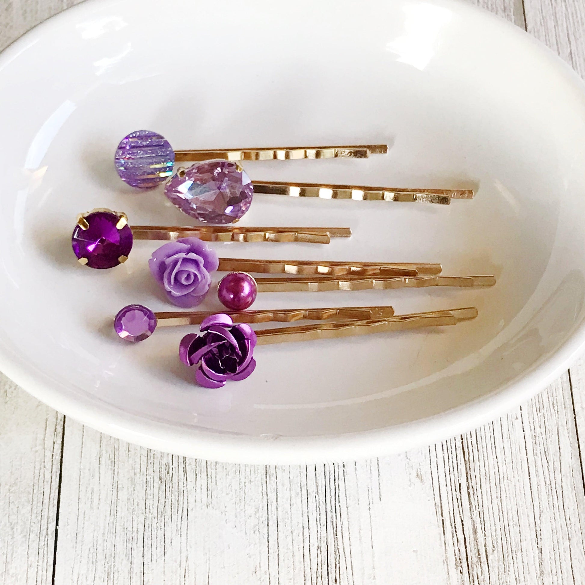 Purple & Gold Rhinestone Hair Pins - Elegant Floral Wedding Accessories