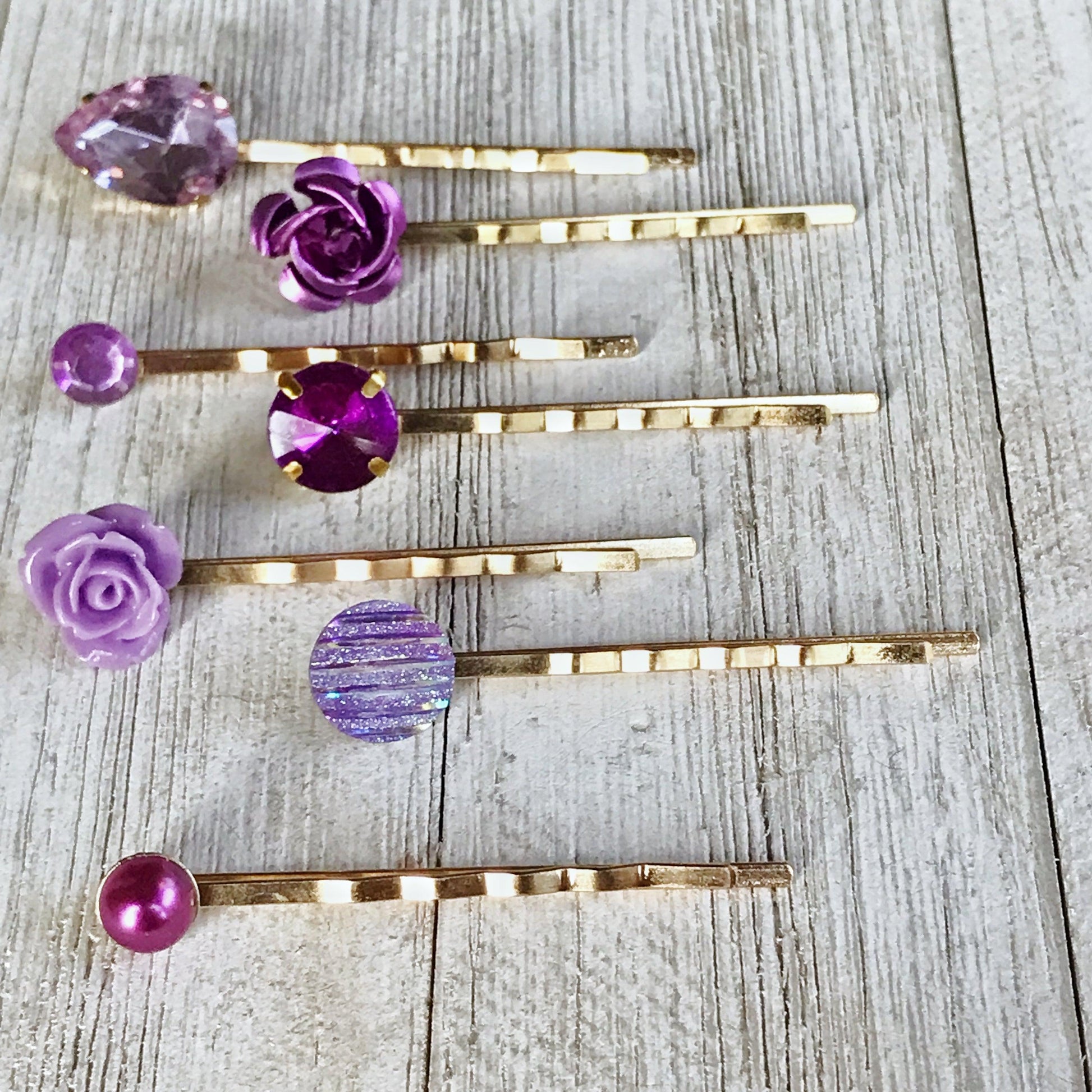 Purple & Gold Rhinestone Hair Pins - Elegant Floral Wedding Accessories