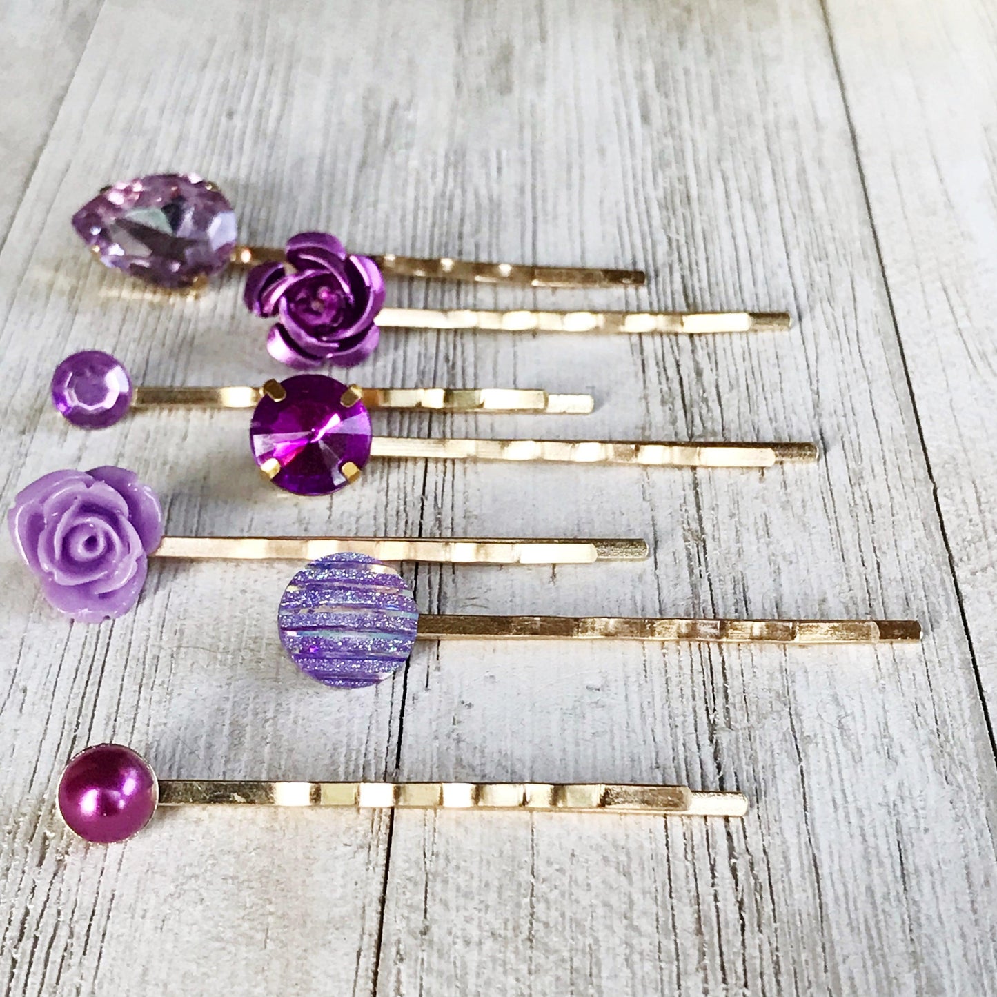 Purple & Gold Rhinestone Hair Pins - Elegant Floral Wedding Accessories