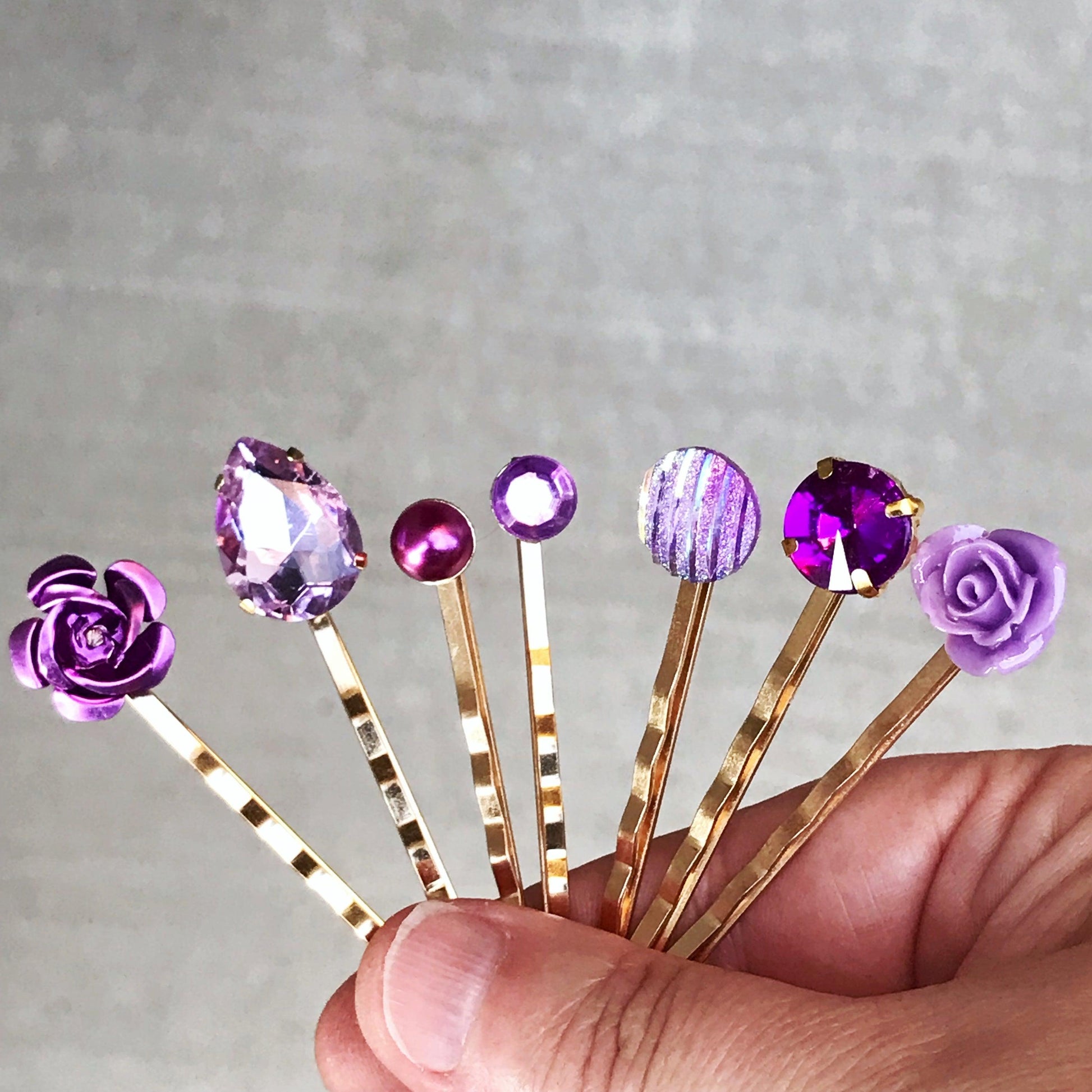 Purple & Gold Rhinestone Hair Pins - Elegant Floral Wedding Accessories