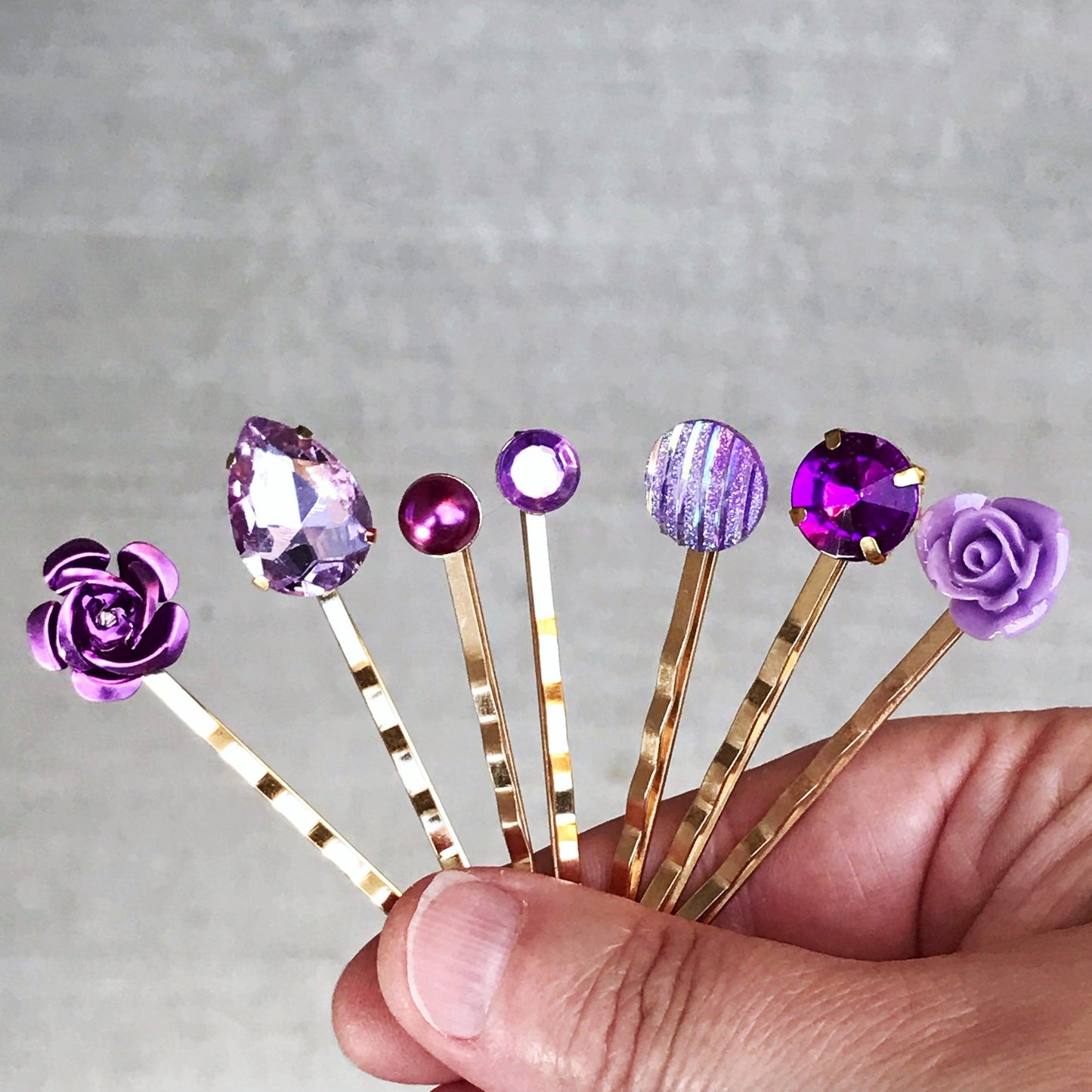 Purple & Gold Rhinestone Hair Pins - Elegant Floral Wedding Accessories