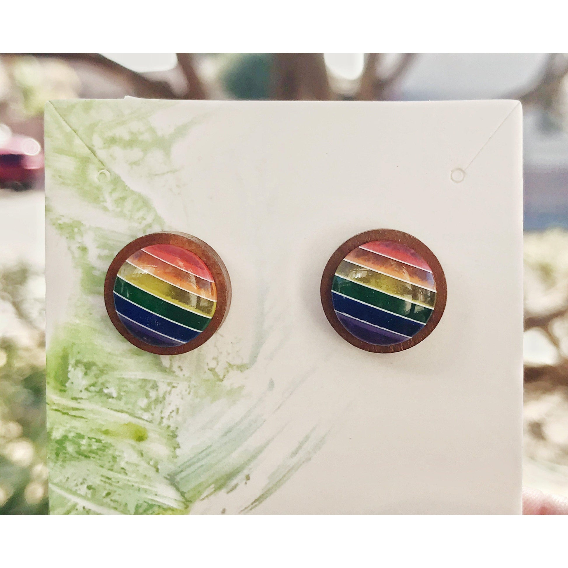 Rainbow Striped Wood Stud Earrings: Colorful & Chic Accessories for Every Day